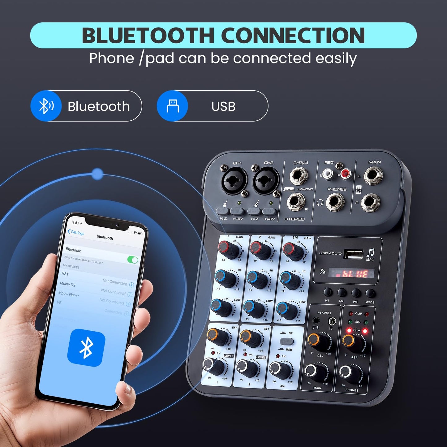 4 Channel DJ Audio Mixer, DJ Mixers Sound Board, Sound Mixer Board XLR 1/4" Interface, BT USB MP3 Computer Input 48V Phantom Power Stereo Karaoke DJ Studio Streaming KTV Stage