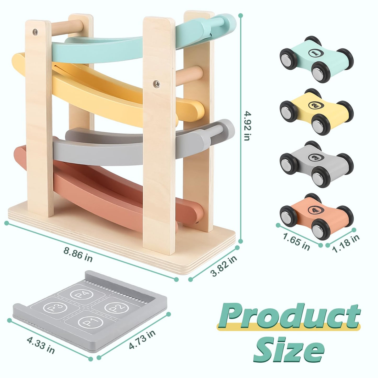 Montessori Toys for 1 Year Old Boy Gifts, Wooden Car Ramp Toys for 1 2 Year Old Boy Girl Birthday Gifts, Race Track Truck Car Toy with 4 Mini Cars/1 Parking Lot for Toddlers 1-3