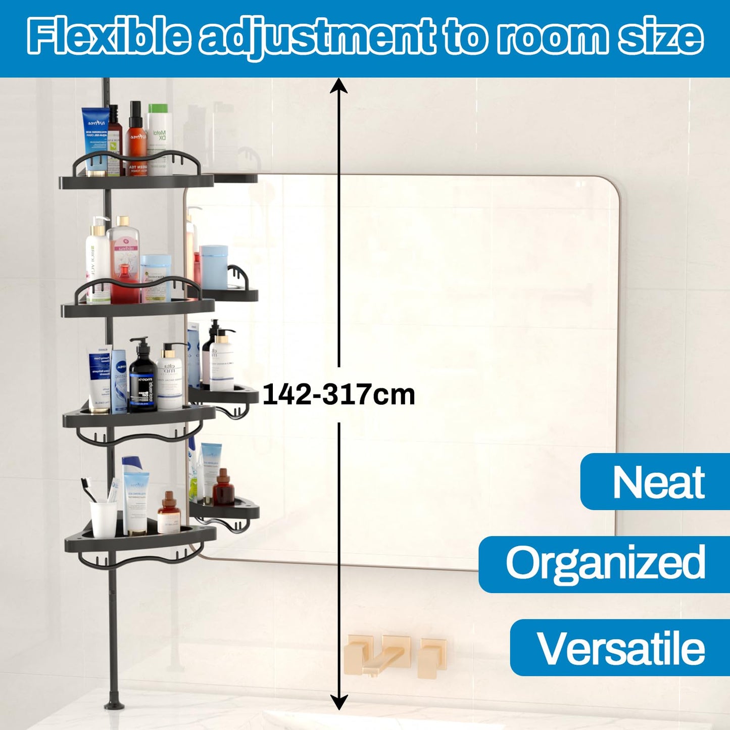 Shower Caddy Corner,142-317cm Rustproof Tension Pole Corner Shower Caddy,Black Adjustable Shower Caddy with Drill Free Shower Shelves for Bathroom,Bathtub,Washbasin