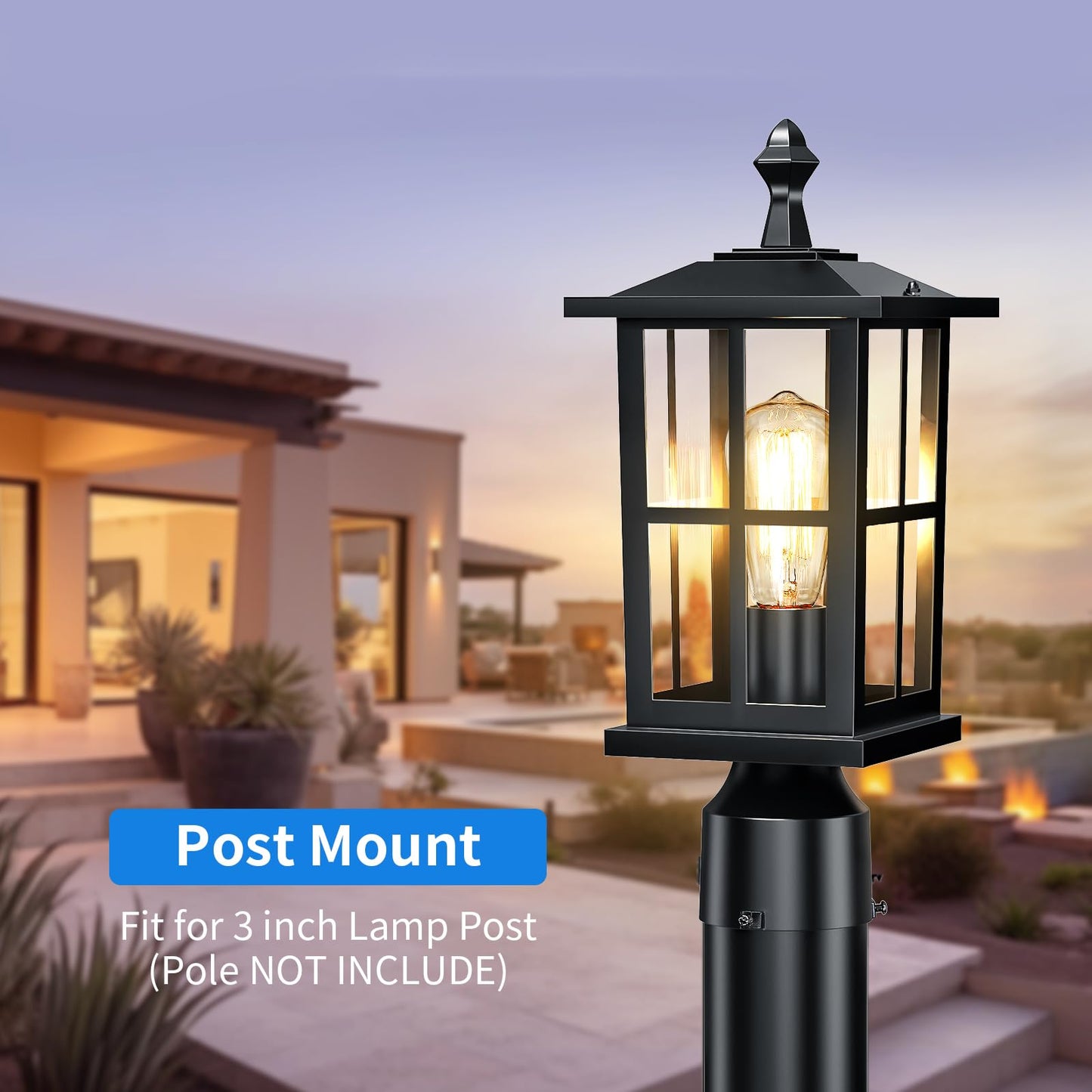 SNRU 2-Pack Outdoor Post Lights, Anti-Rust Farmhouse Pillar Post Light Fixtures, 15" Medium Black Exterior Post Lamp with Tempered Glass, Hardwired 120V Outside Lantern for Garden Driveway & Yard