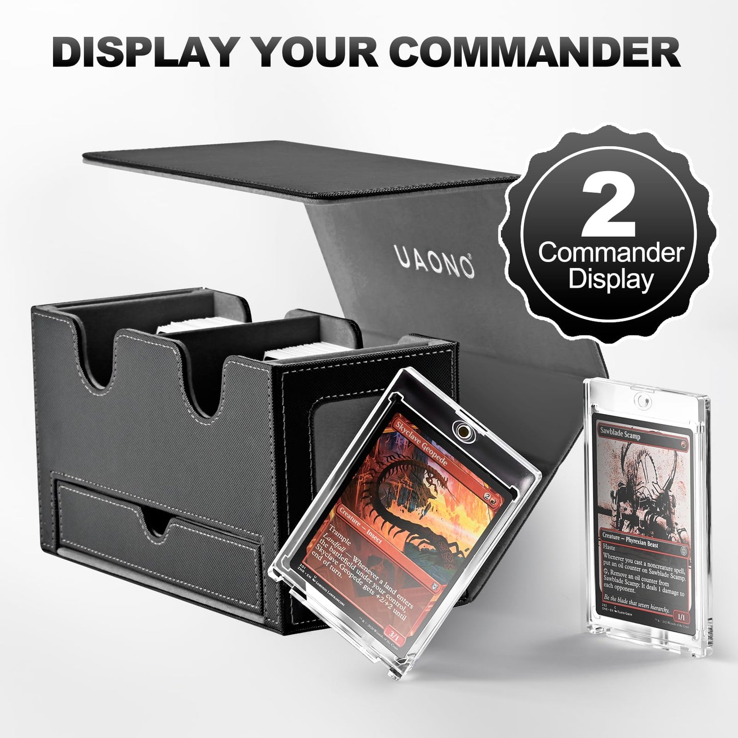 Card Deck Box for MTG, Double Card Storage Box with 2 Commander Display & Dice Tray, Fits 200+ Double Sleeved Cards, Card Organizer for CCG TCG Sports Cards (Black&Gray)
