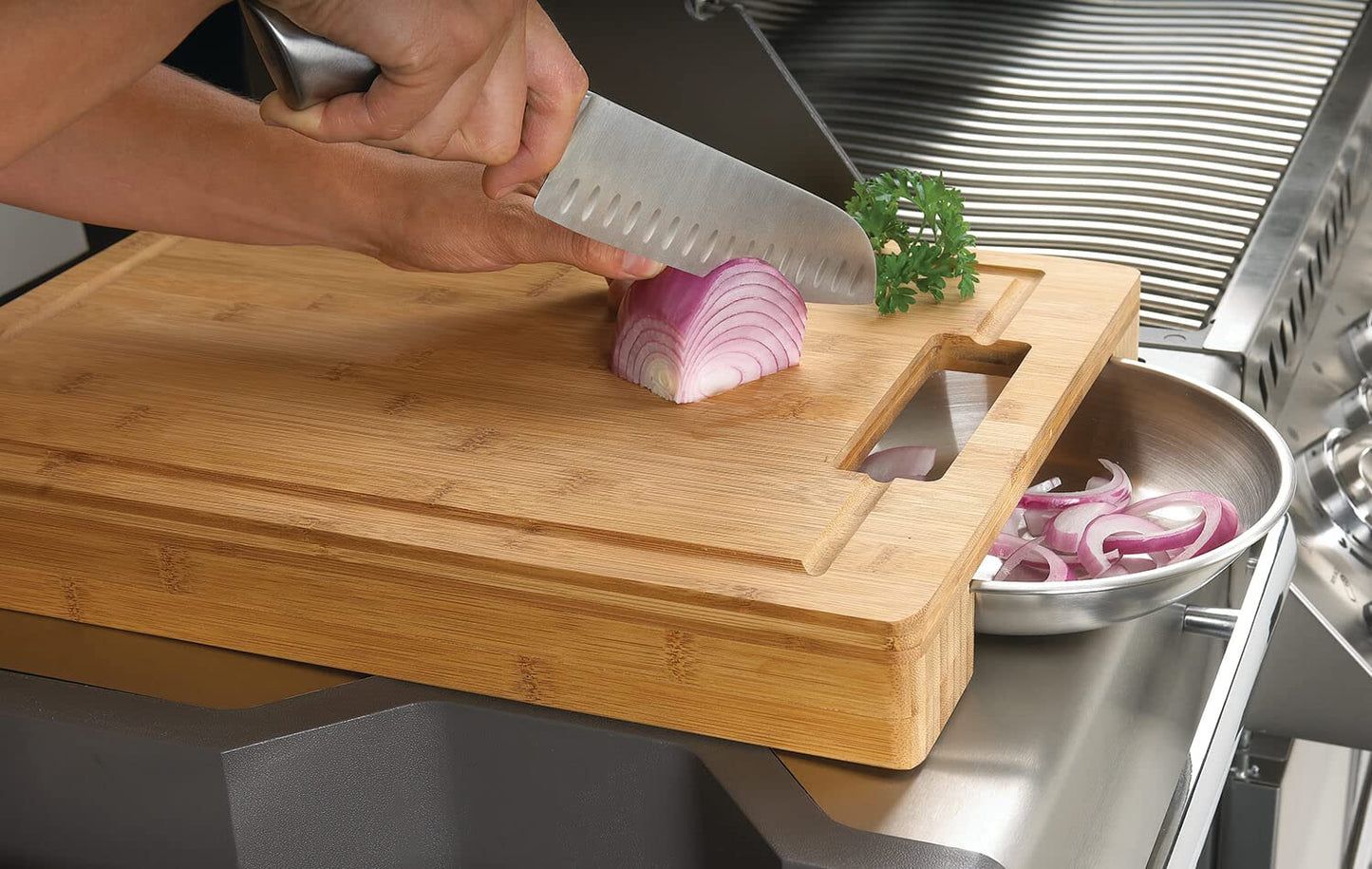 Napoleon Pro Bamboo Cutting Board with Stainless Steel Bowls – 70012 – Naturally Anti-Microbial Cutting Board with Two Stainless Steel Bowls, Chopping and Carving Meat, Multi, One Size