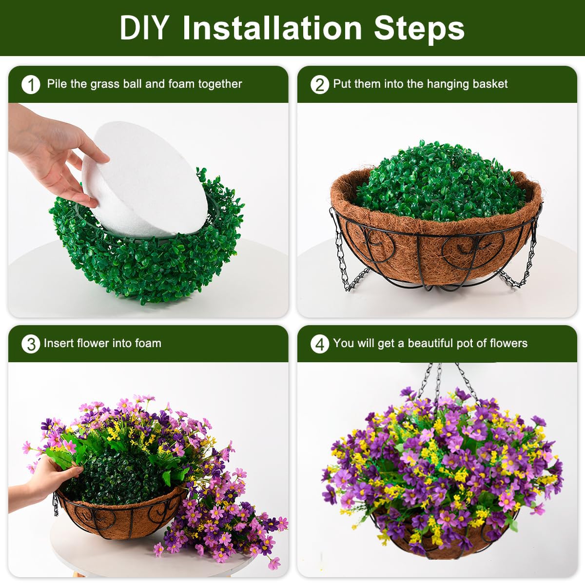 Homsunny Artificial Hanging Flowers in Basket Outdoor Indoor Patio Lawn Garden Decor, Hanging Daisy Basket with 12inch Coconut Lining Chain Flowerpot (Dark Purple)