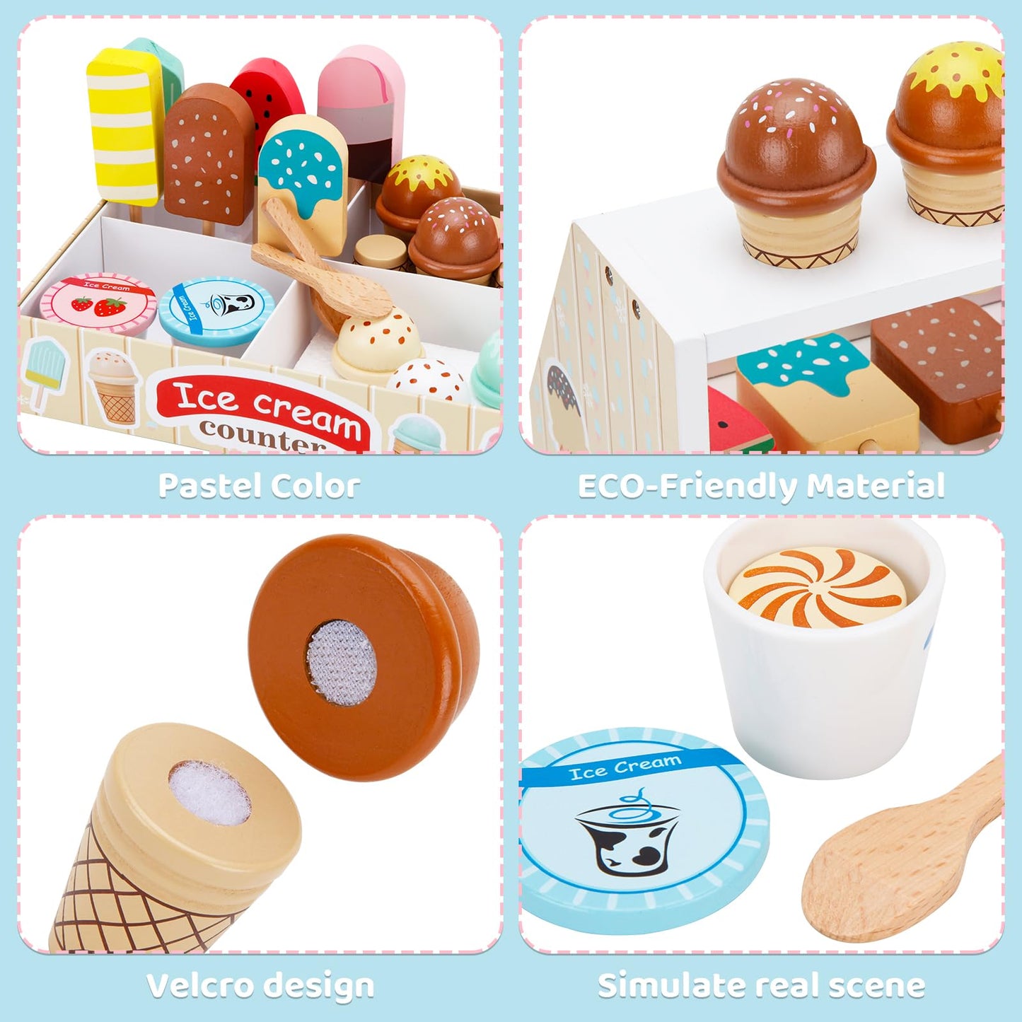 ZJEFUNS Wooden Ice Cream Toys for Kids Ice Cream Counter Shop for Toddlers Pretend Play Food Scoop and Serve with Scoop & Menu & Fake Money for Boys and Girls Ages 3 4 5 6 (Beige)