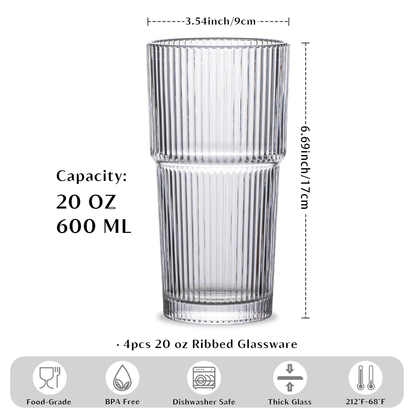 20oz Ribbed Glass Tumbler Set of 4 – Large Capacity Drinking Glasses for Iced Coffee, Water, Juice, and Cocktails – Elegant Modern Glassware for Everyday Use and Special Occasions