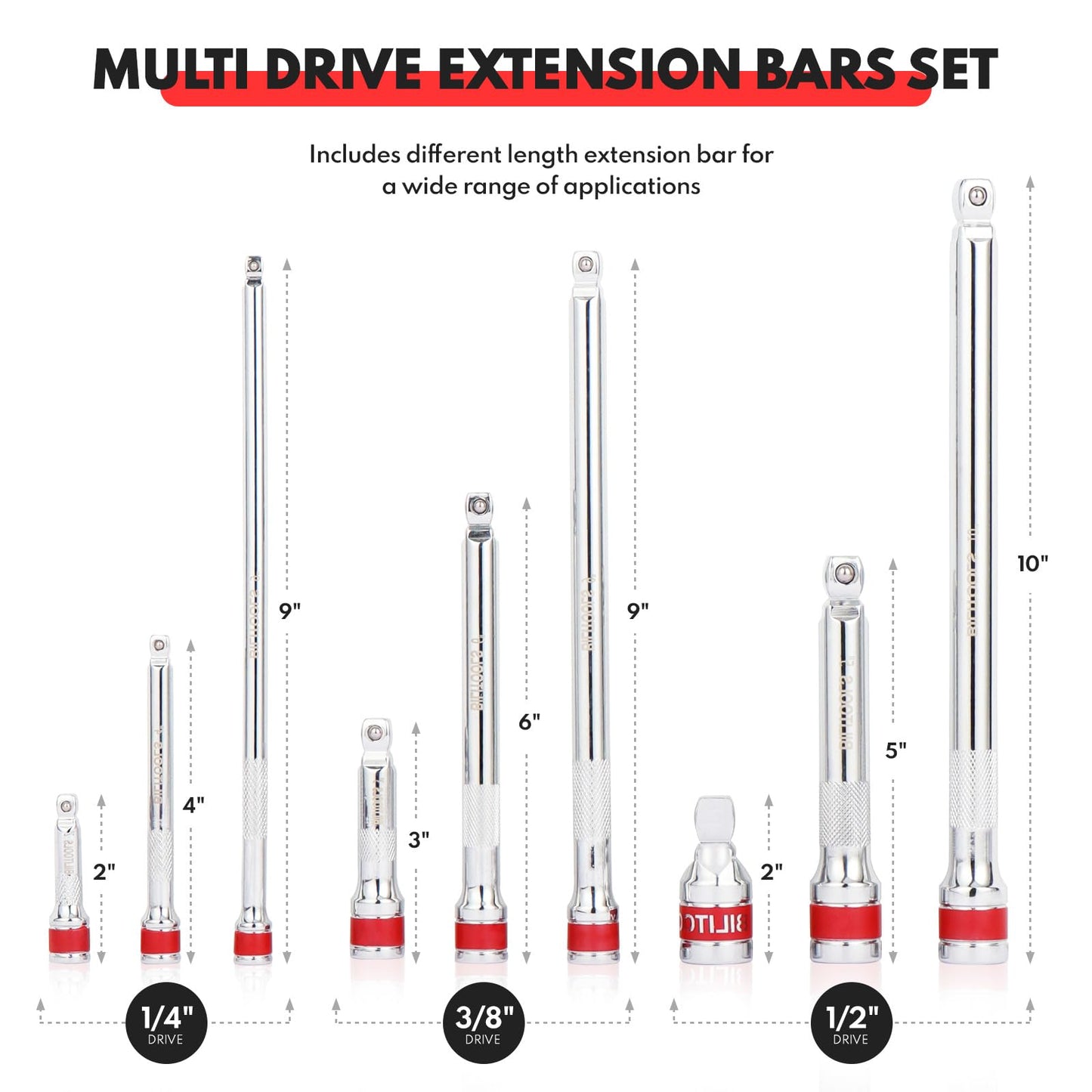 BILITOOLS Wobble Extension Set, 9 PCS 1/4", 3/8" and 1/2" Drive Ratchet Extension Set Flexible, Cr-V Steel