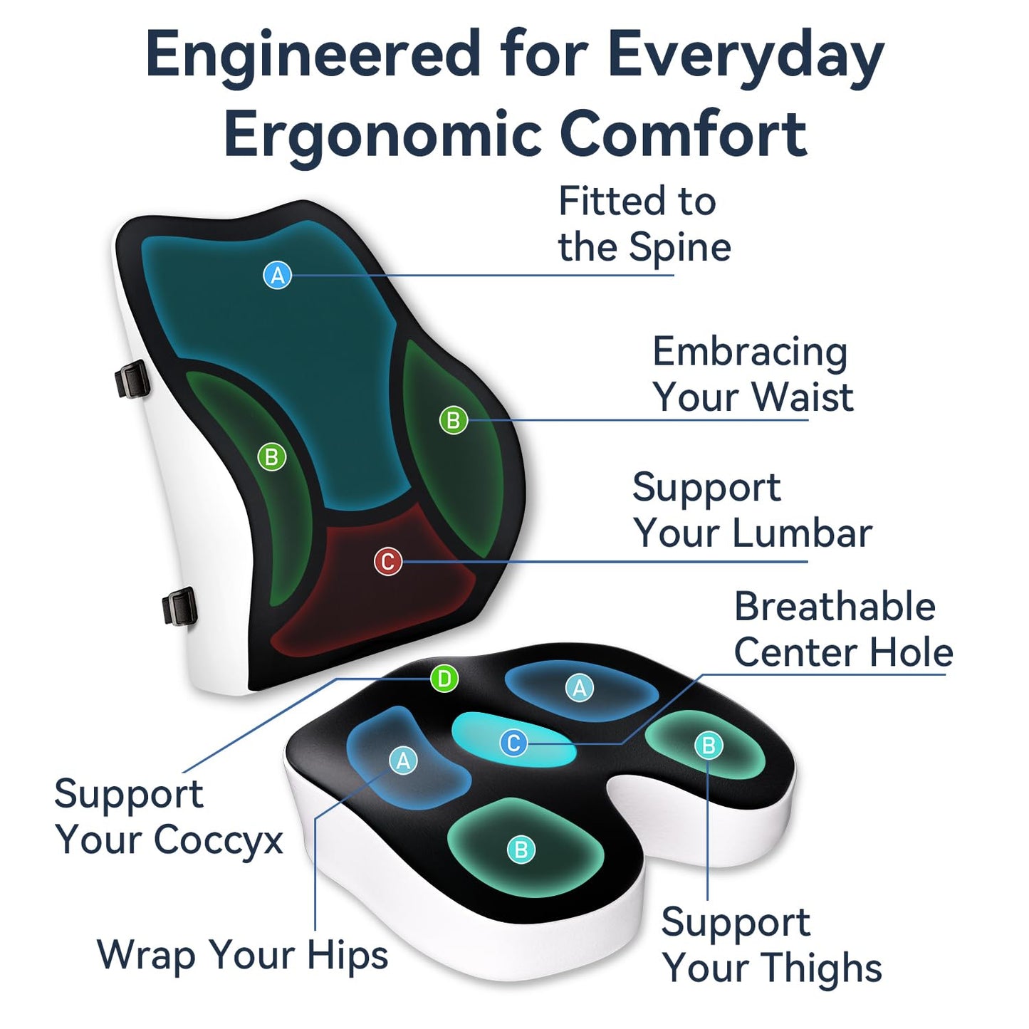 Travel Ease Memory Foam Seat Cushion & Lumbar Support Pillow Set, Ergonomic Comfort for Office Chair, Car Seat, Home Use & Travel, Chair Pad for Back and Butt Support, Black