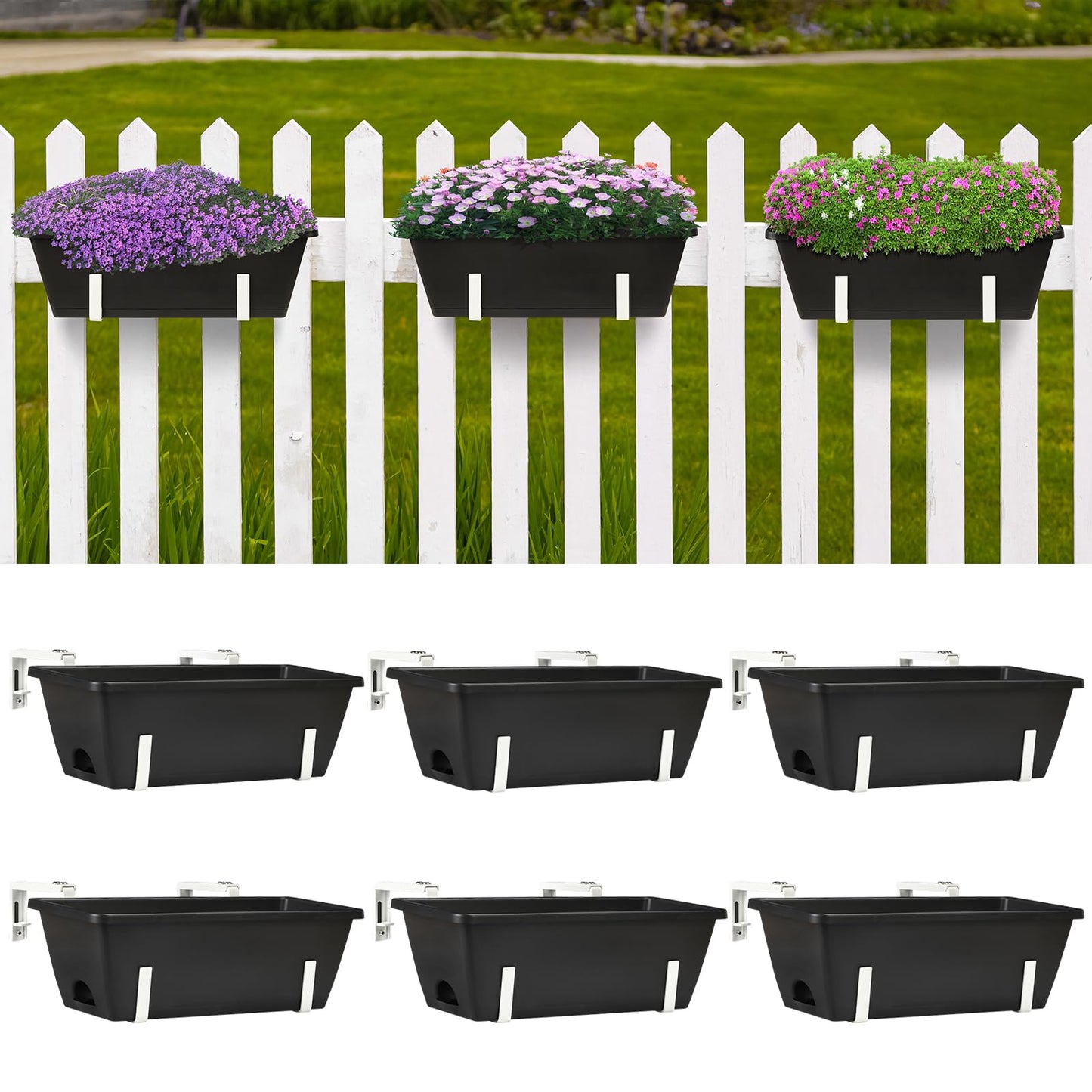 Railing Planter 6 Pack, 16.9 Inch Window Basket Deck Boxes Plastic Flower Rail Planters Holder with Adjustable Detachable Hooks for Outdoor Balcony Porch Patio, Black & White