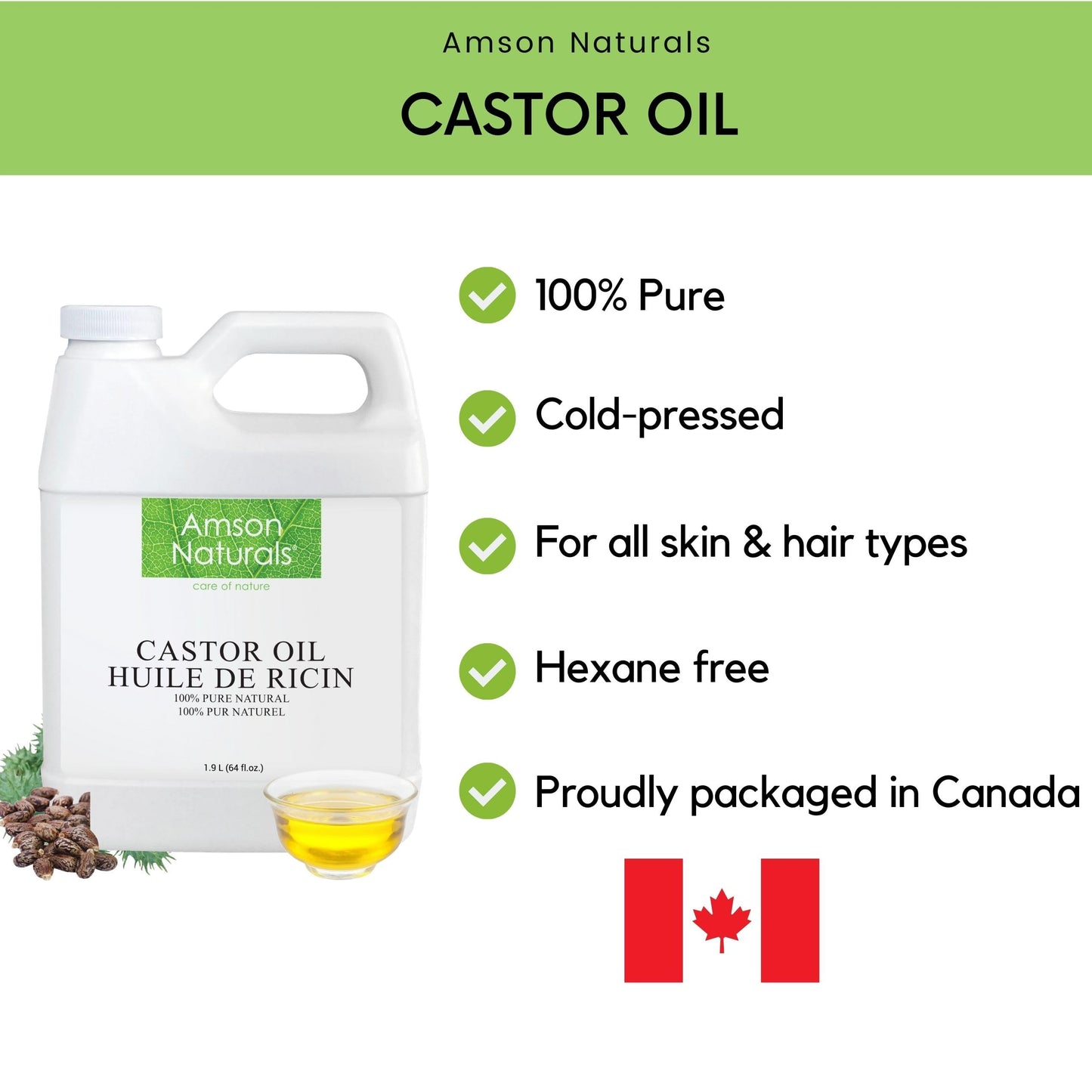 Castor Oil 1900 ml / 64 oz -100% Pure & Natural Castor oil Cold pressed Hexane free for Hair, Eyelashes, Eyebrows, Beard, Skin, Multipurpose carrier oil for essential oils, Huile de ricin pour cheveux Amson Naturals