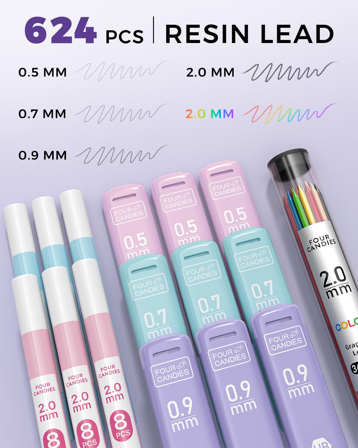 Four Candies 36PCS Aesthetic School Supplies with Pencil Case, Mechanical Pencils 0.5mm, 0.7mm, 0.9mm & 2.0mm with 624PCS Lead Refills, Cute Mechanical Pencils for Writing, Drawing & Drafting (Pink)