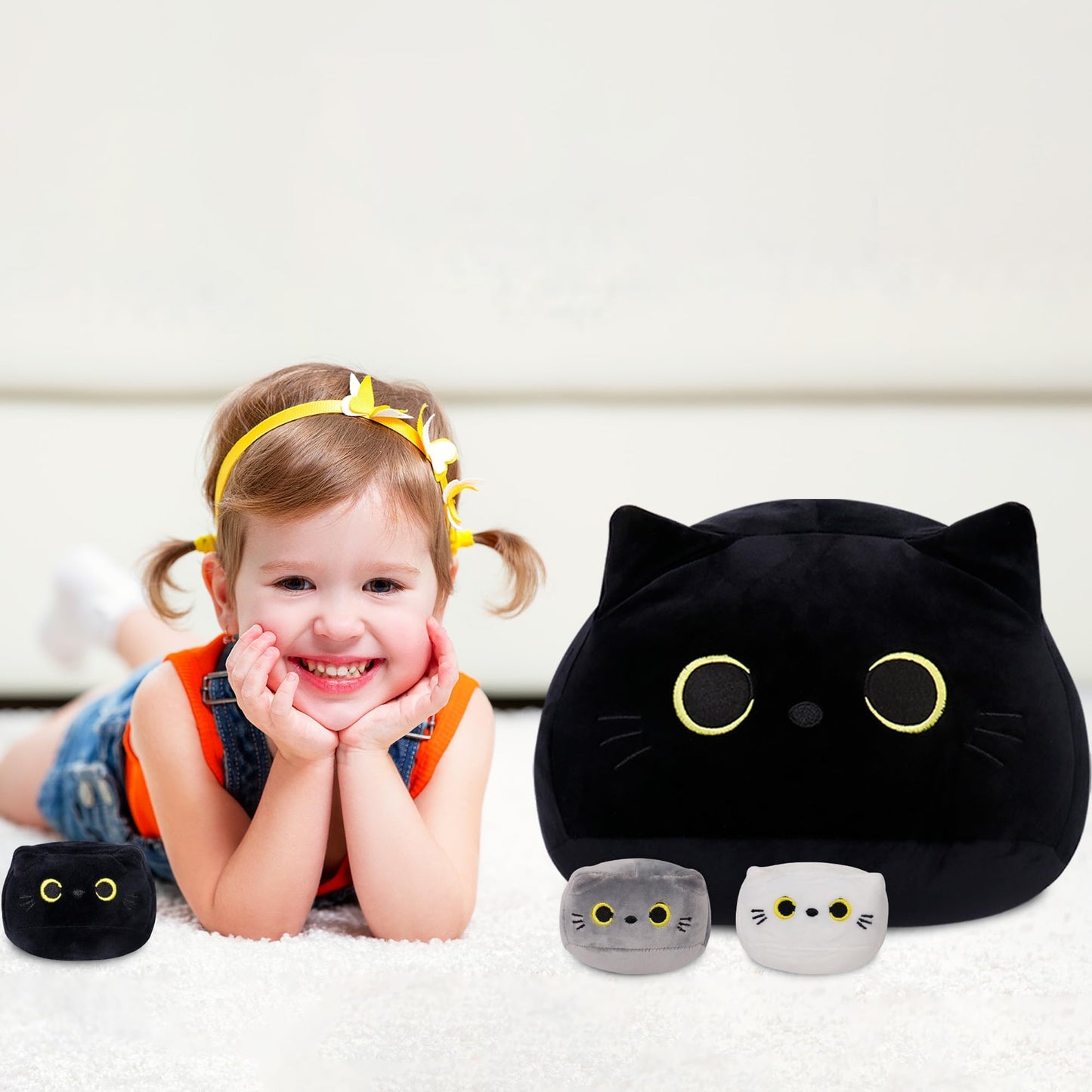 WeBingo Black Cat Plush Toy 4PK, 16'' Giant Cat Stuffed Animal Plushies Pillow with 3 Babies for Girl Boy Kid Adult, Large Big Soft Gift for Birthday Christmas Valentine's Day Home Decor
