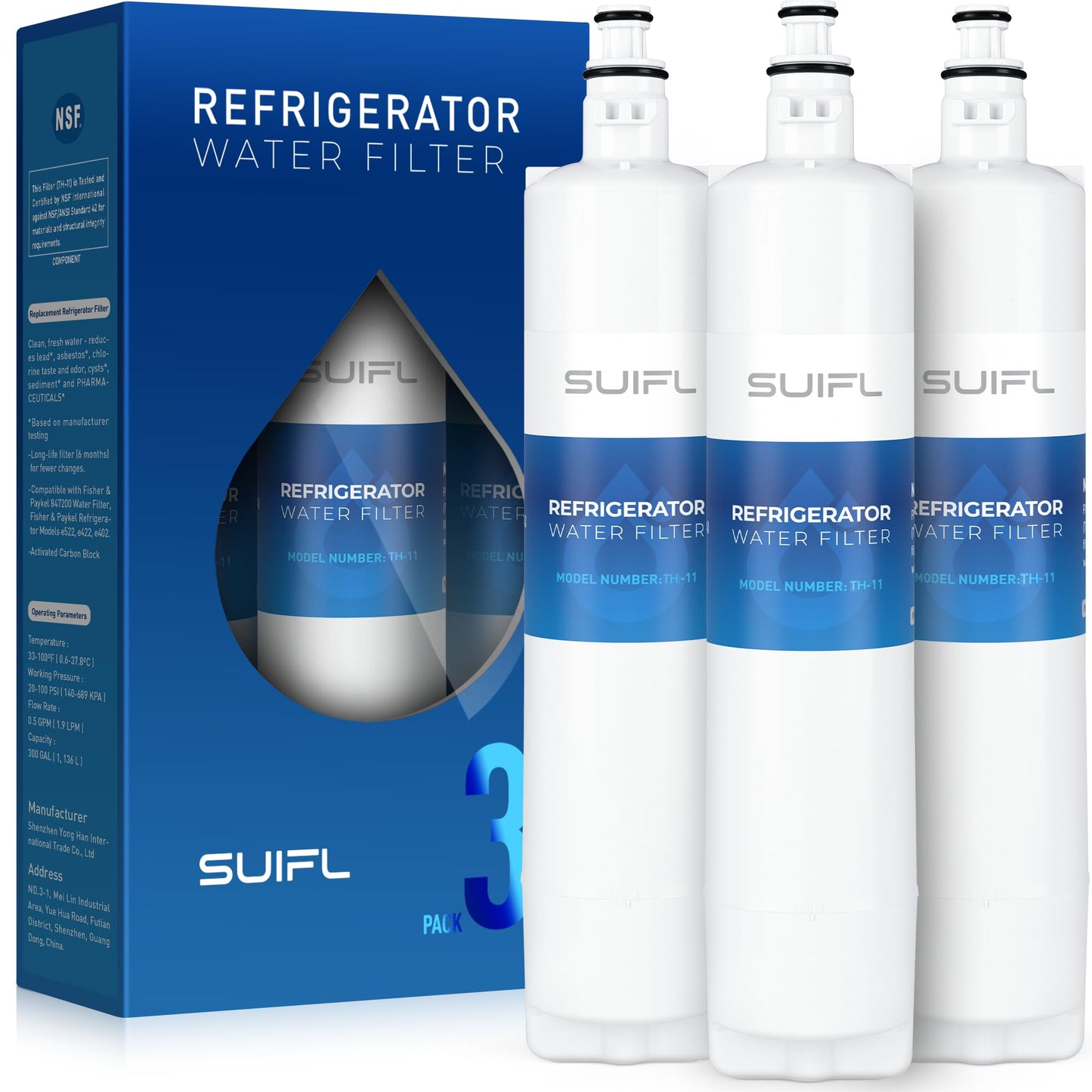 Suifl 847200 Water Filter Replacement, Compatible with Fisher & Paykel 847200 – FWC3, Model Number RF170, RF201ADUSX5N, RF201AHUSX1 (3 Pack)