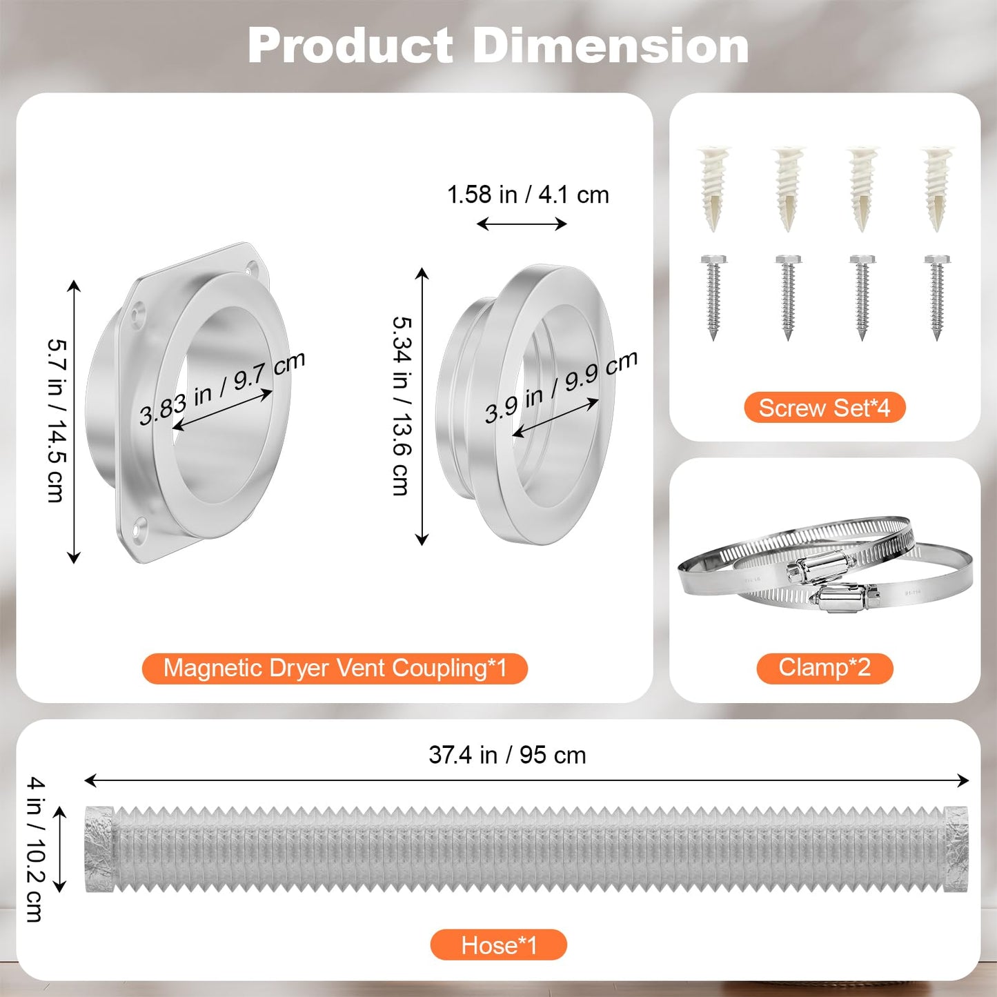 VigiFront Magnetic Dryer Vent Coupling Connector Kit DV180, for Leak Prevention Easy Dryer Cleaning, Quick Connector, Including a 3.1ft 4" Duct and two Clamps, Silver