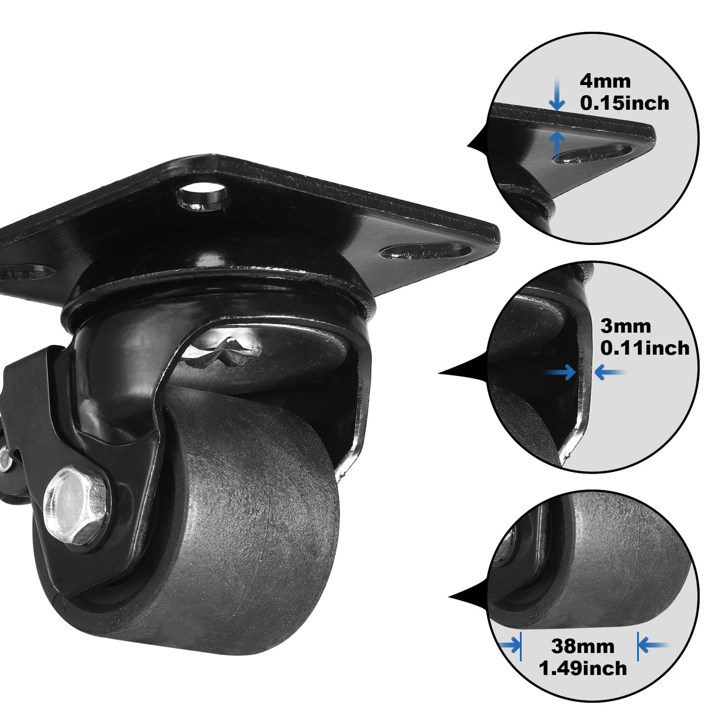 W B D WEIBIDA 2” Plate Swivel Caster Wheels Set of 4 Heavy Duty, Load Capacity 2200lbs, Low Gravity Center Design Black Caster Wheels Dual Locking, Durable & Quiet & Sturdy Nylon Wheels for Industrial