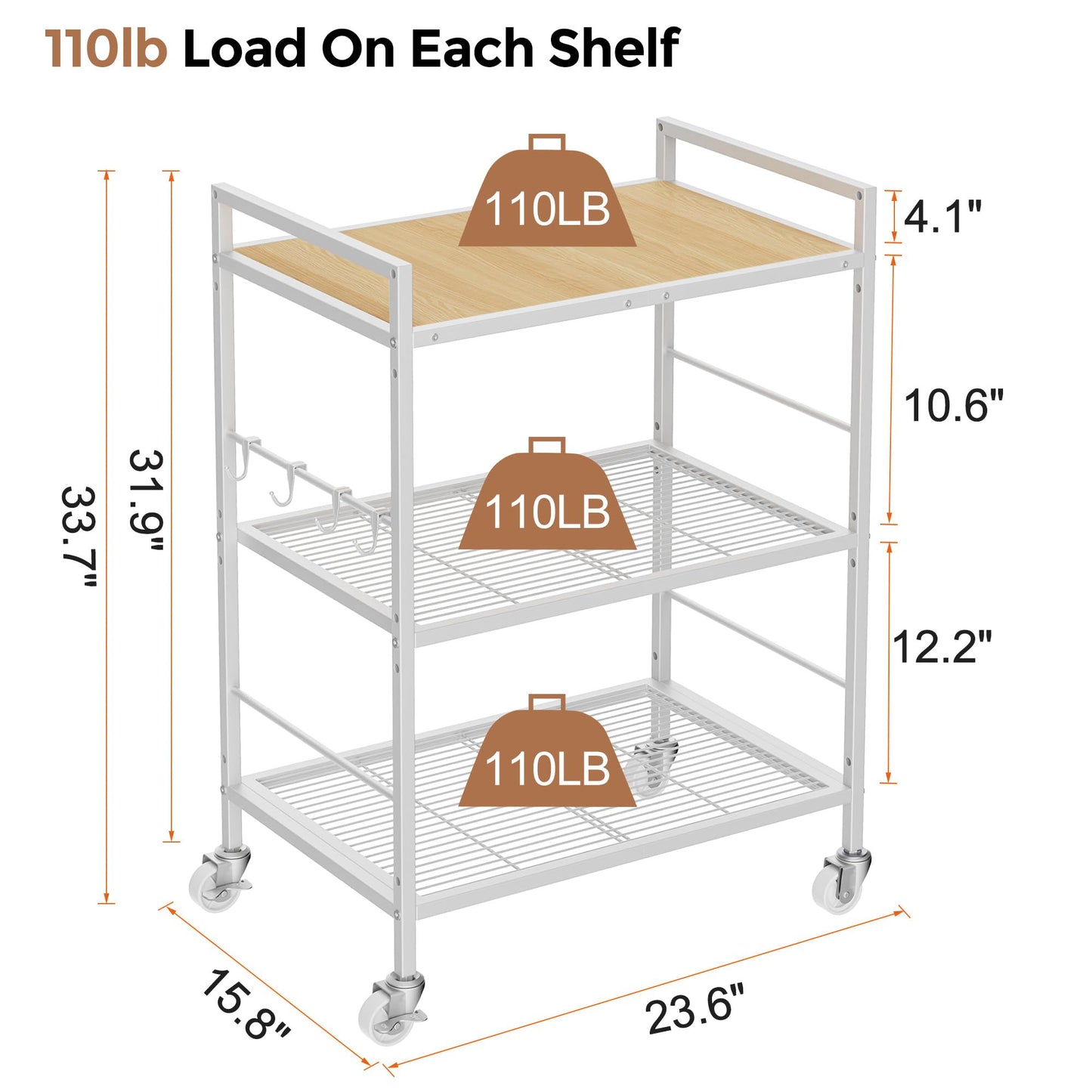 XIVIRACK 3-Tier Kitchen Cart with Adjustable Shelves - Microwave Storage Cart & Utility Rolling Organizer, Industrial Wheels for Small Spaces, 15.7"x23.6"x33.7" Kitchen Office Living Room Metal Rack