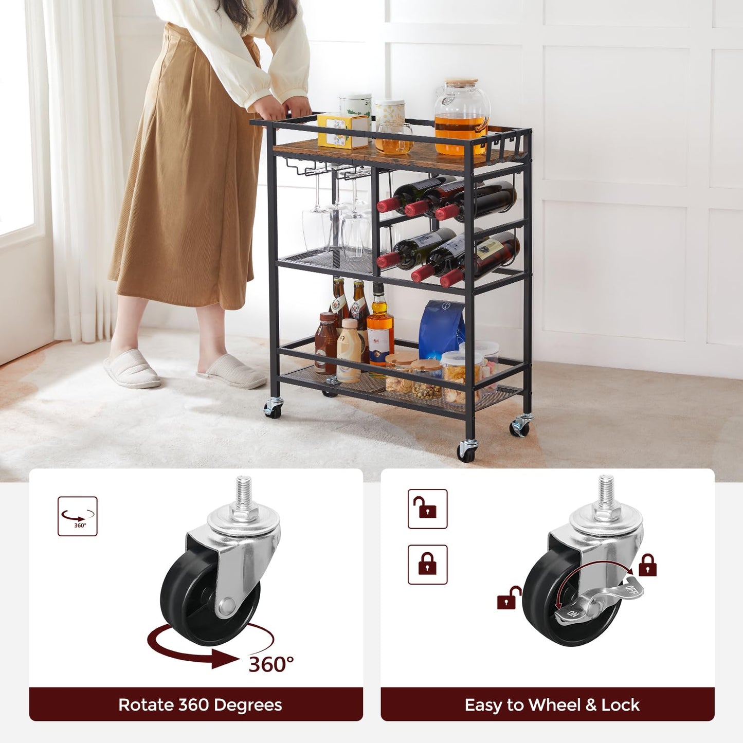 MAHANCRIS Bar Cart for The Home, 3-Tier Serving Cart with Wheels and Handle, Beverage Cart with Wine Rack and Glass Holder for Kitchen, Dining Room, Rustic Brown RCHR6101