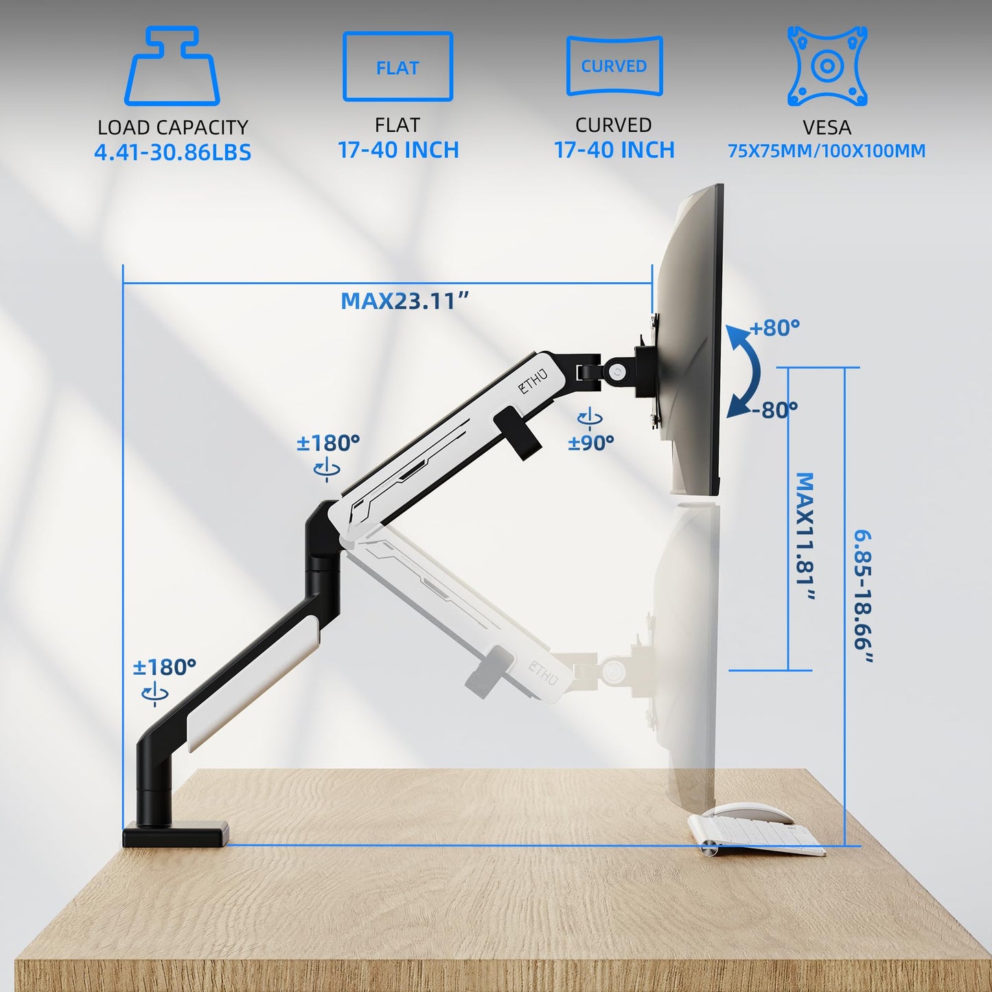 ETHU Premium Single Monitor Arm, Heavy Duty Monitor Mount with Gas Spring, VESA Monitor Arm for 17-40 inch Screens up to 30.8lbs, Full Motion Adjustable Monitor Stand for Office & Home, Black & White