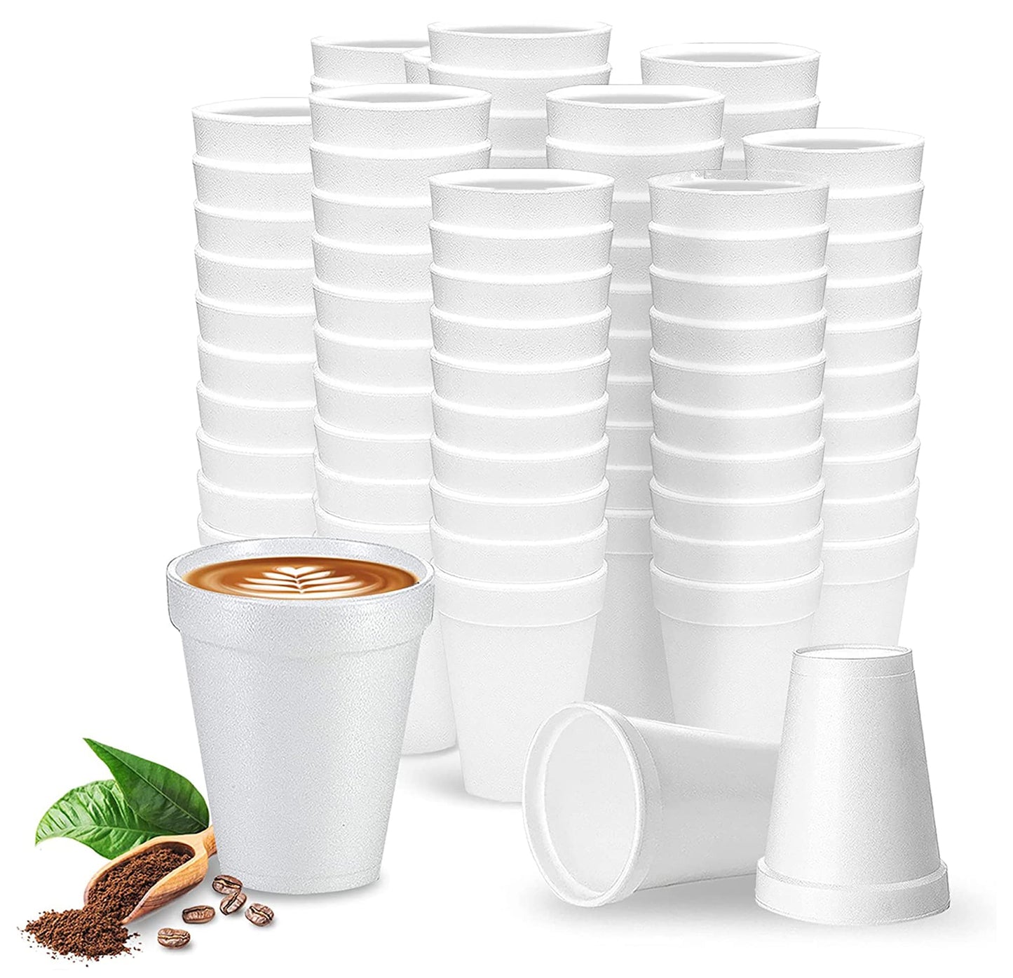 8 Oz Disposable Foam Cups (100 Pack), White Foam Cup Insulates Hot & Cold Beverages, Made in The USA, to-Go Cups - for Coffee, Tea, Hot Cocoa, Soup, Broth, Smoothie, Soda, Juice