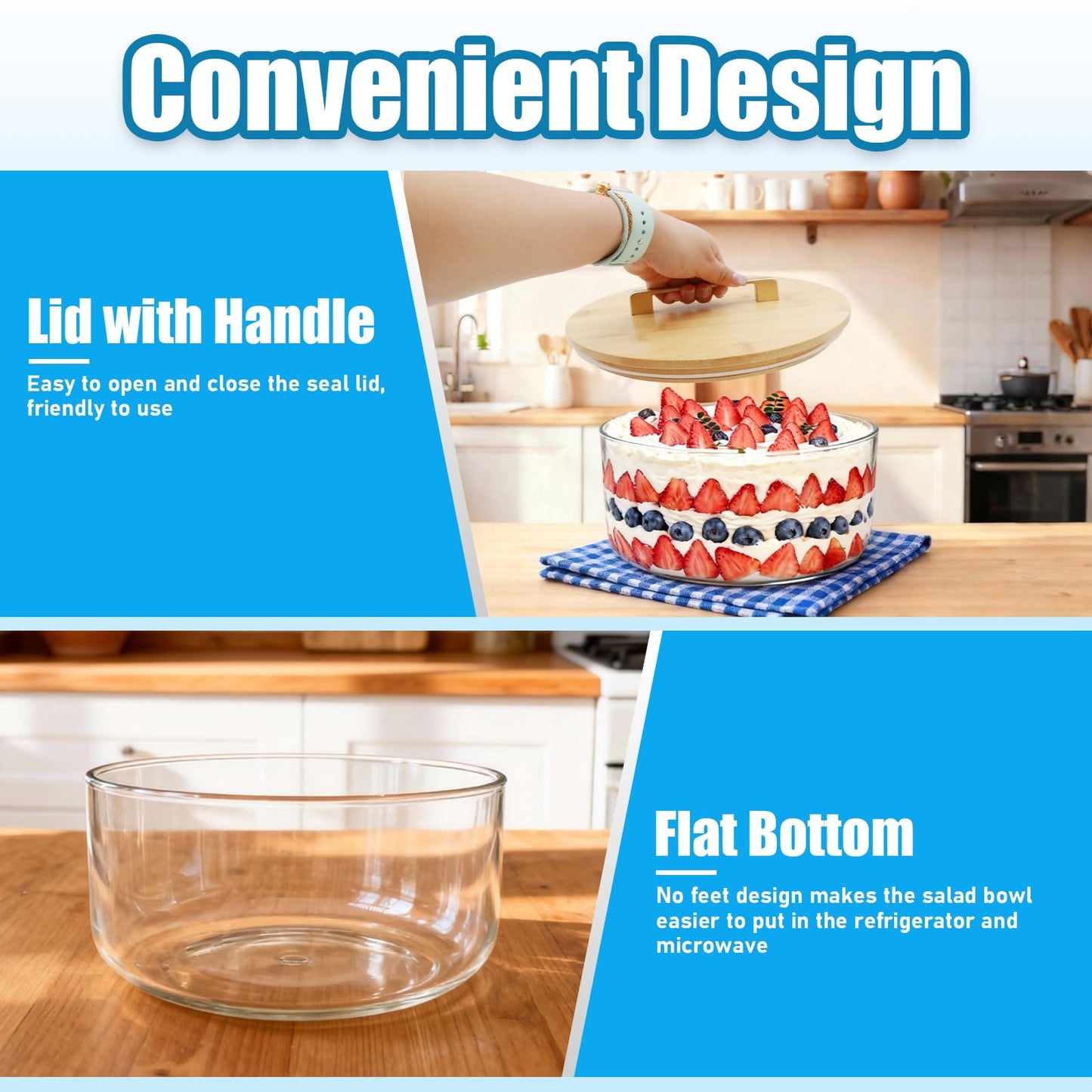 Acelane 10 Inch Glass Trifle Bowl with Sealed Lid, 200oz Large Salad Bowl, Modern Versatile Mixing and Serving Bowl for Salad, Dessert, Ice Cream, Cake and Party, Home, Microwave & Dishwasher Safe