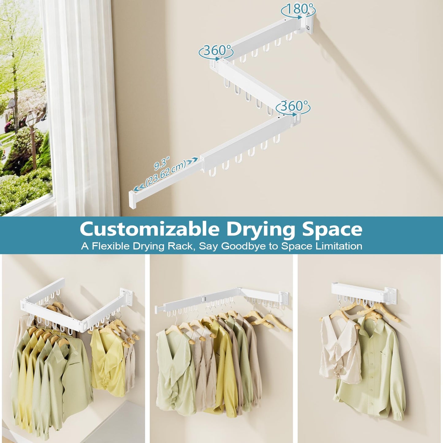 JAUREE Clothes Drying Rack Wall Mounted, Laundry Drying Rack Collapsible, Space Saving Wall Drying Rack Clothing Foldable, Tri-Fold Retractable Rack Outdoor Indoor with 18 Hooks, White
