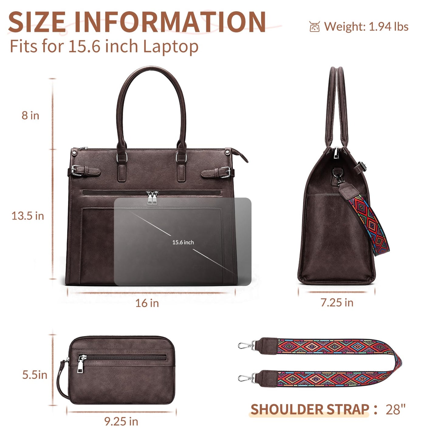 SYTRAH Laptop Tote Bag for Women Designer Faux Leather Briefcase Laptop Purse, 15.6 inch Computer Work Bags Coffee with Satchel Purse