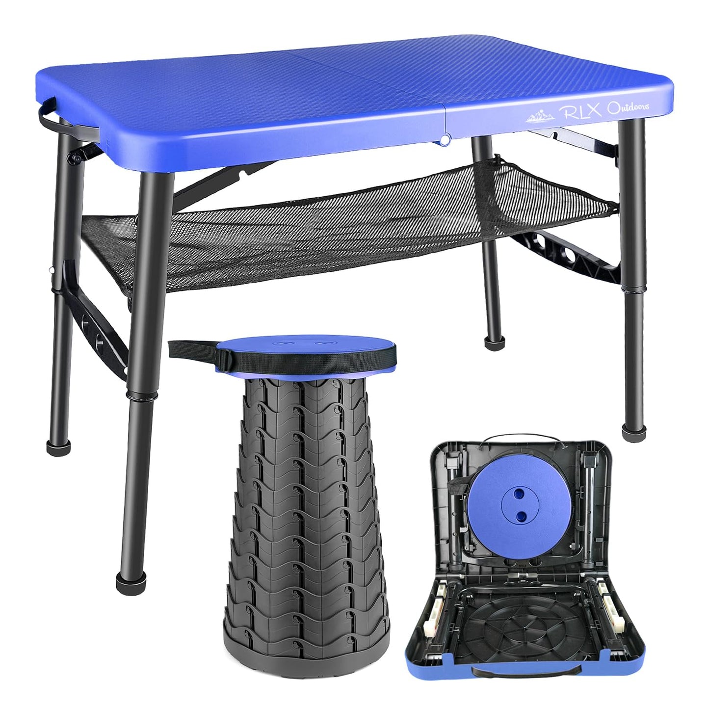 RLX Outdoors Portable Folding Small Coffee Table 25.8x17.5po and Stool, Height Adjustable, Anti-Slip Legs Daycare, Camping, Sports Games, classrooms, Boats… (Blue, Table + Stool)