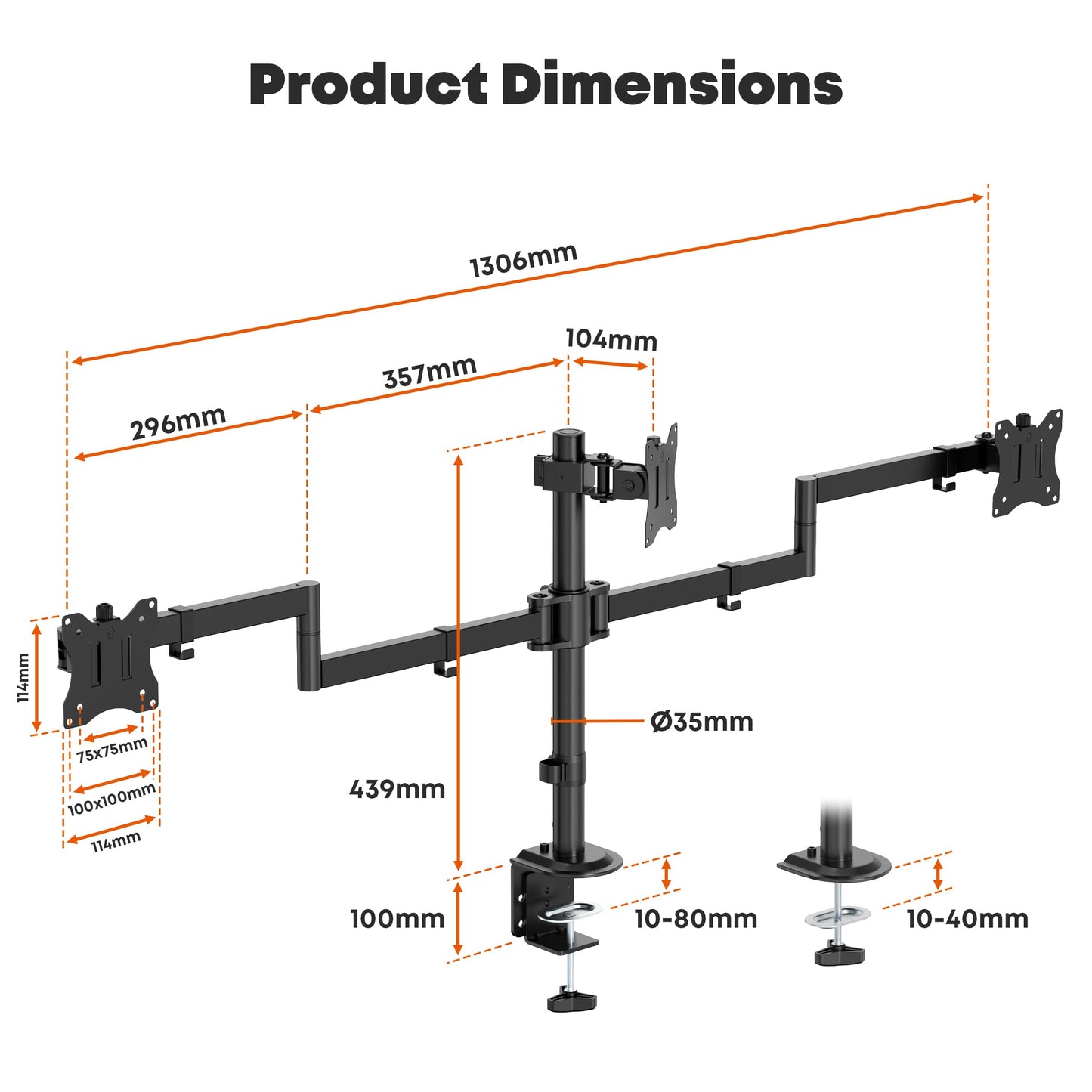 PUTORSEN Triple Monitor Mount for 13-27" Screens, 3-Screen Desk Mount with Full Motion & Height Adjust, Ergo Arm Holds 10kg (22lbs), VESA 75/100mm, Tilt/Swivel/Rotation, Clamp for Home/Office/Gaming
