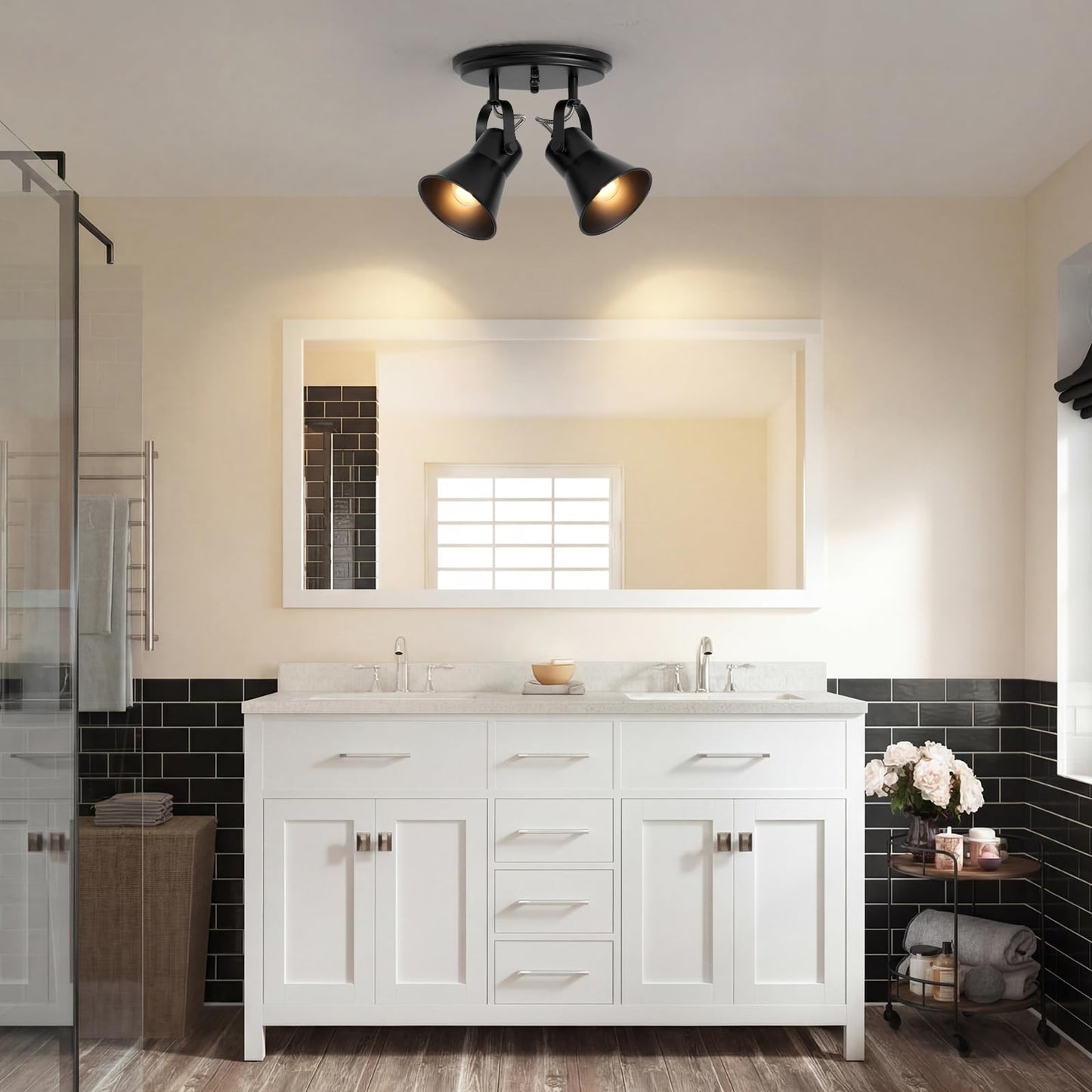 SEEBLEN Black Kitchen Lighting Fixtures Ceiling, 2-Light Adjustable Track Light, Flush Mount Directional Ceiling Light for Hallway, Dining Room, Bathroom