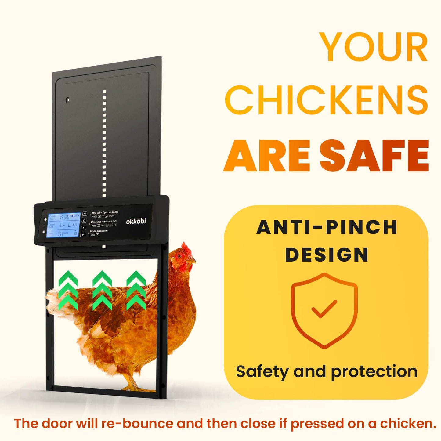 Okkobi Automatic Chicken Coop Door Solar Powered - LCD Display - Chicken Coop Door with Remote Control, Light Sensor & Timer - Security & Peace of Mind: Anti-Pinch function - 5-Year Protection - Black