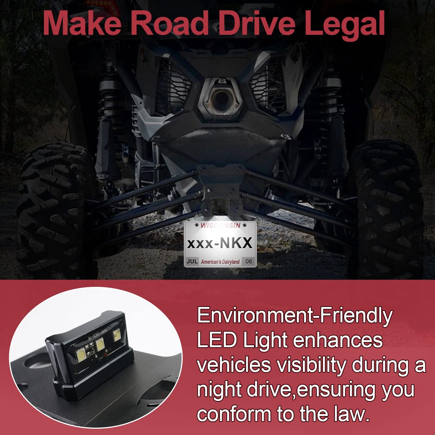StarknightMT Universal UTV ATV License Plate Holder with LED Light, Heavy Duty Aluminum License Plate Mount Compatible with Polaris RZR Ranger, Can-Am Maverick X3, Trailer, Golf Cart, Boat, RV