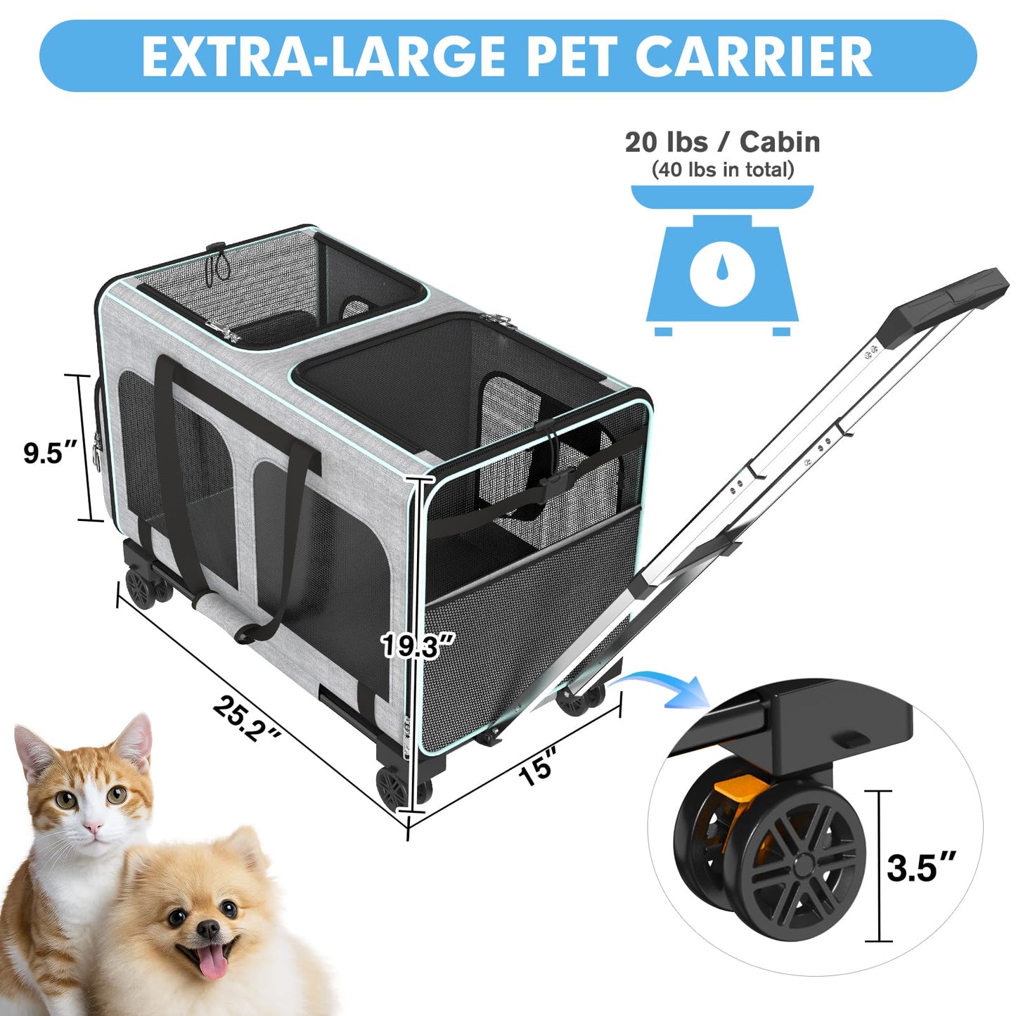 LUFFWELL Large Cat Carrier with Wheels, 2-in-1 Rolling Pet Carrier for Two Cats with Whisper-Quiet Wheels, Extra Large Soft-Sided Pet Travel Carrier for Vet Visits, Park Strolls & Car Travel (Grey)