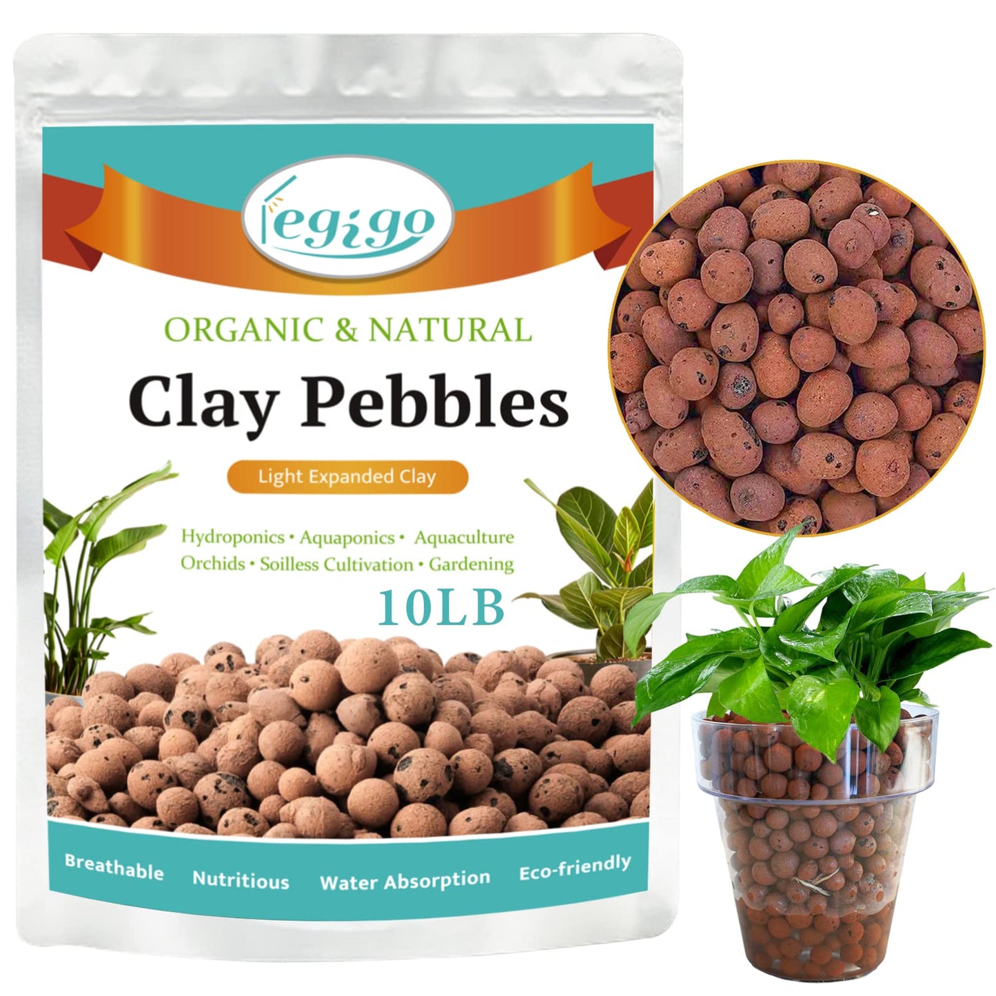 Legigo 10 LBS Organic Expanded Clay Pebbles, 4mm-16mm Lightweight Clay Leca Balls for Plants, Natural Hydroton Clay Pebbles for Hydroponic & Aquaponics Growing, Orchid Potting Mix, Drainage