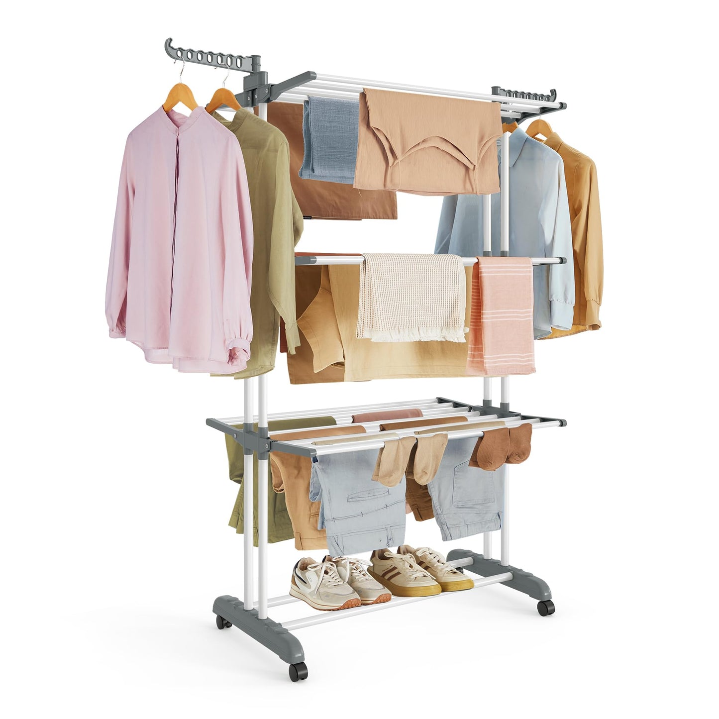 SONGMICS Clothes Drying Rack 4-Tier, Foldable Laundry Drying Rack 173 cm Tall, Steel, Rolling Clothes Horses, Laundry Hanger Dryer Airer, Indoor Outdoor Use, Cloud White and Dove Gray ULLR701W01V2