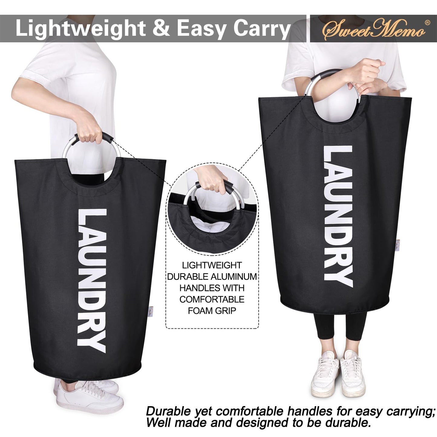 SweetMemo 95L Laundry Hampers 2 Pack ，Large Tall Laundry Baskets with Handles, Freestanding Cloth Hamper Bag – Dirty Fabric Laundry Bags for College Dorm，Laundry Room, Sturdy, Lightweight – Black