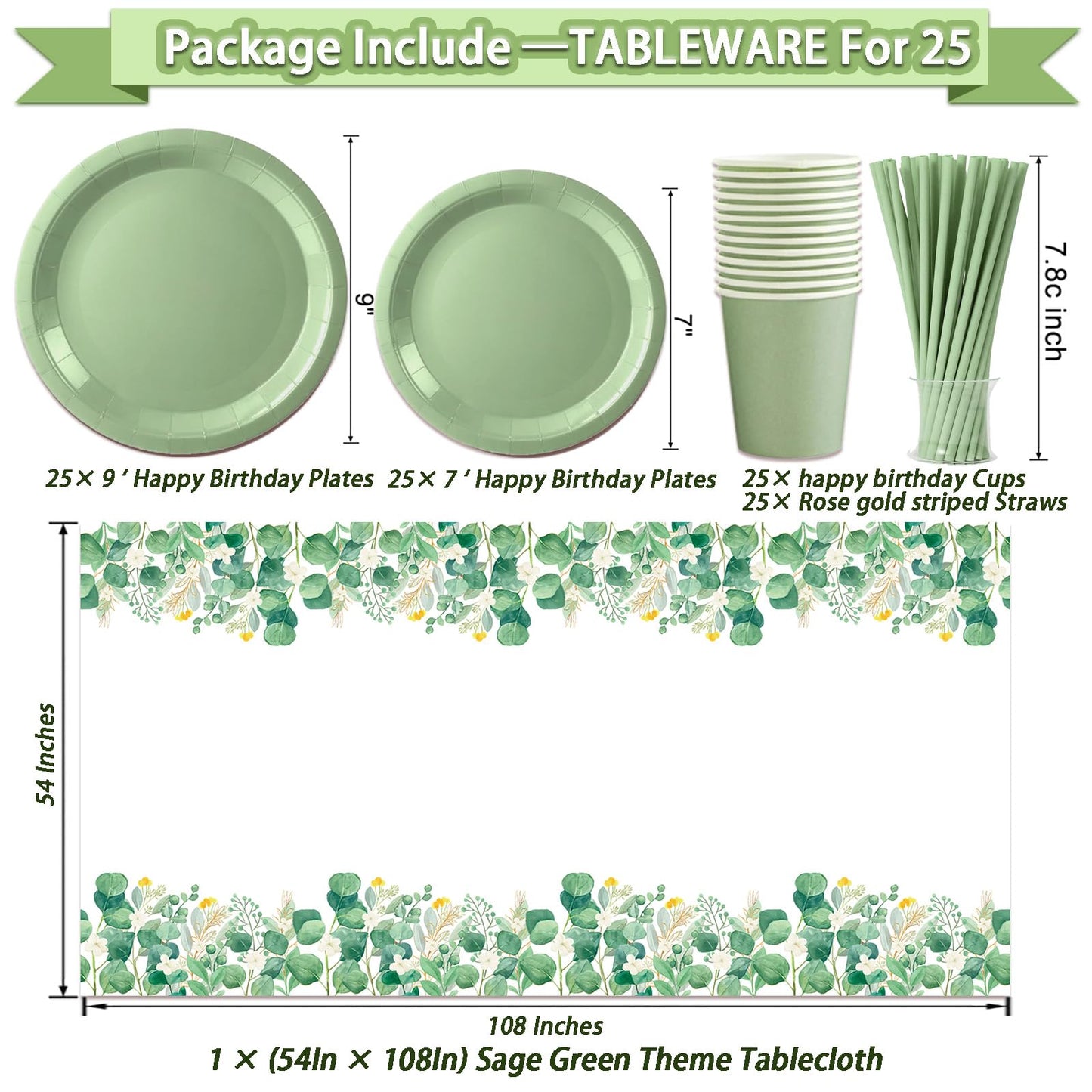 222 Pcs Sage Green Happy Birthday Decorations, Birthday Decorations for Women or Girl Kit- Disposable Dinnerware Set with 25 Guest, Balloons, Sash, Tiara, Banner, Paper Pom Poms