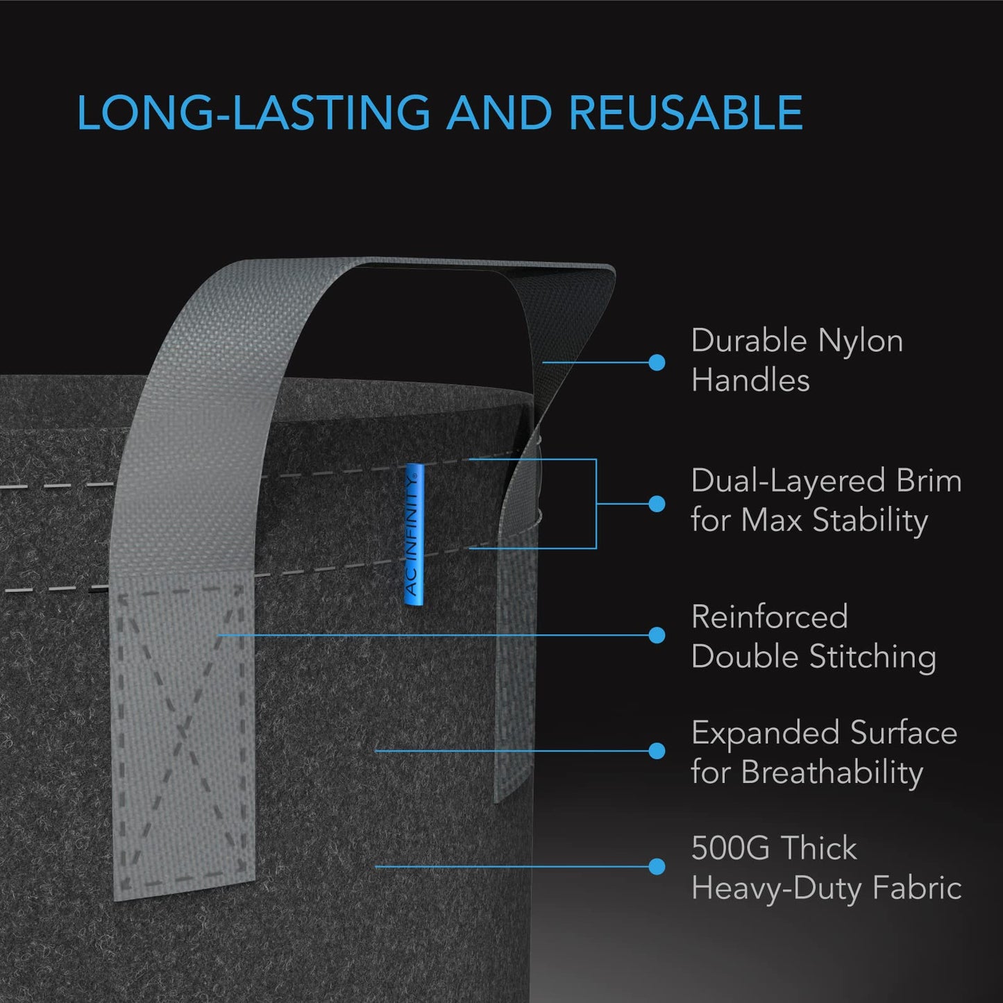 AC Infinity Heavy Duty Fabric Pots, 5 Gallon Aeration Grow Bags 5-Pack with 500G Thick Nonwoven Fabric and Multi-Purpose Rings, for Low Stress Plant Training Fruits, Vegetables, and Flowers