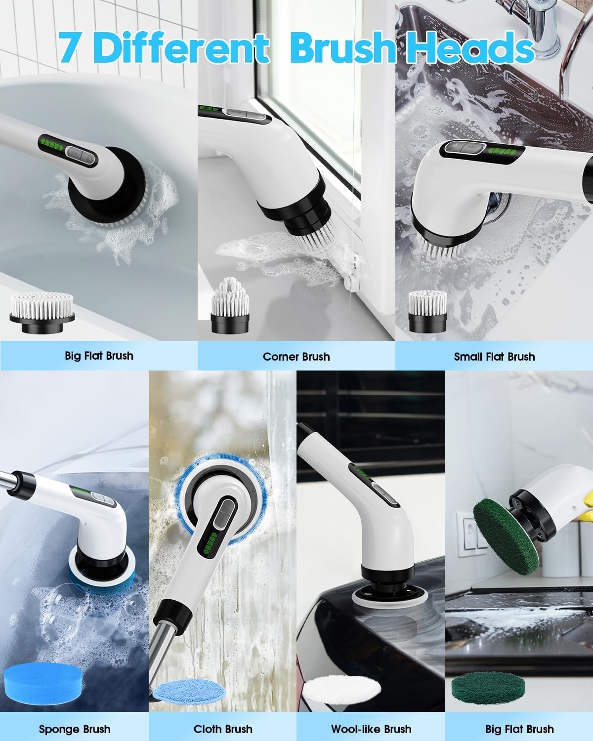 Electric Spin Scrubber for Cleaning Bathroom, Shower Cleaner Brush with Long Handle, Cordless Power Scrubber with 7 Brushes Heads, IPX7 Waterproof Scrub Brush Tool for Bath Tub Tile Grout Glass