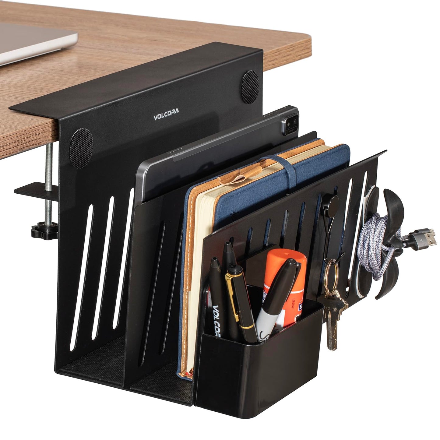 Volcora Side Storage, Under Laptop Holder, No Drill Organizer with Magnetic Pen Box, Cable Clamp, Hanging Organizer, Desk Mount File Holder for Office and Home, 2 Tier Black