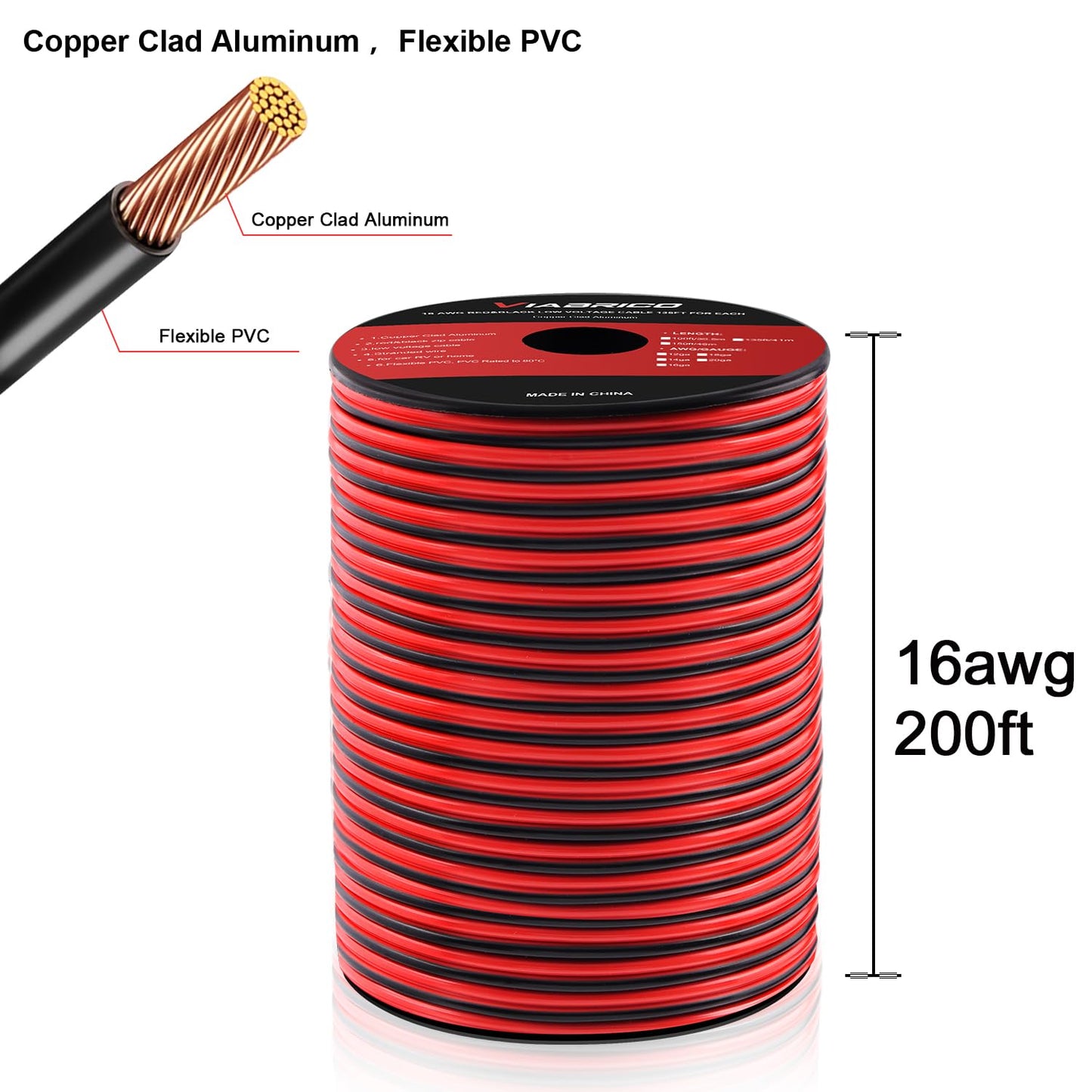VIABRICO 16Gauge 200FT Electrical Wire Cable 2 Conductors Red Black Cable Hookup LED Lighting Strips Flexible Wire Extension Cord 16AWG Copper Clad Aluminum Copper Wire 12V/24V DC 61M