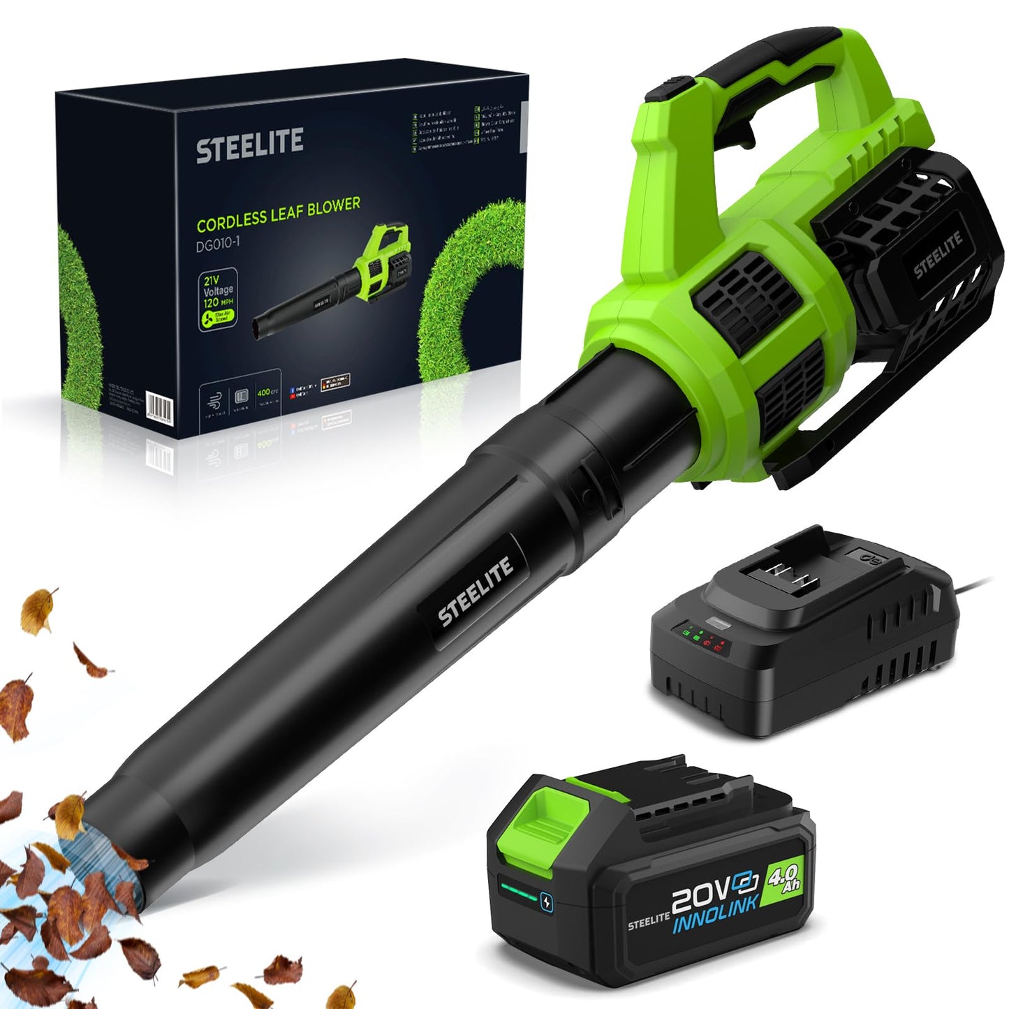 STEELITE 21V Cordless Leaf Blower – 600CFM 150MPH, Lightweight & Powerful, 2×2.0Ah Batteries, Ideal for Garden, Patio, Dust & Leaves – Green