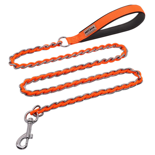 Chew Proof Metal Leash Chain Dog Leash for Medium Large Dogs, Chain Link Dog Leash Anti Chew 5FT Strong Anti Bite Dog Leash Comfortable Soft Padded Handle Orange