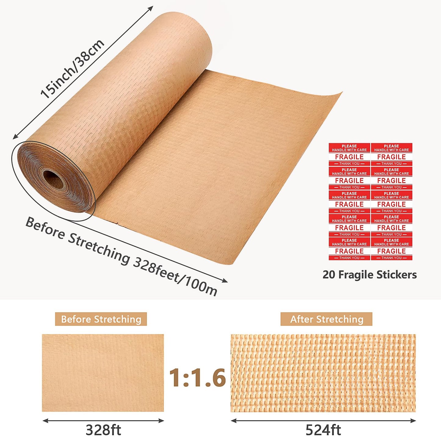 Honeycomb Packing Paper, 15"x328' Packing Paper for Moving Recyclable Honeycomb Paper Moving Supplies Bubble Paper Wrapping Protective Roll, With 20 Fragile Sticker Labels