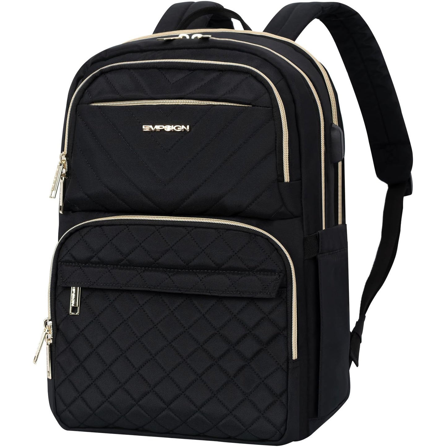 EMPSIGN Laptop Backpack Purse for Women and Men with USB Charging Port, 15.6 Inch Travel Water Resistant Quilted Backpack, High-Capacity 30L Work Business Computer Backpack, Quilted Black