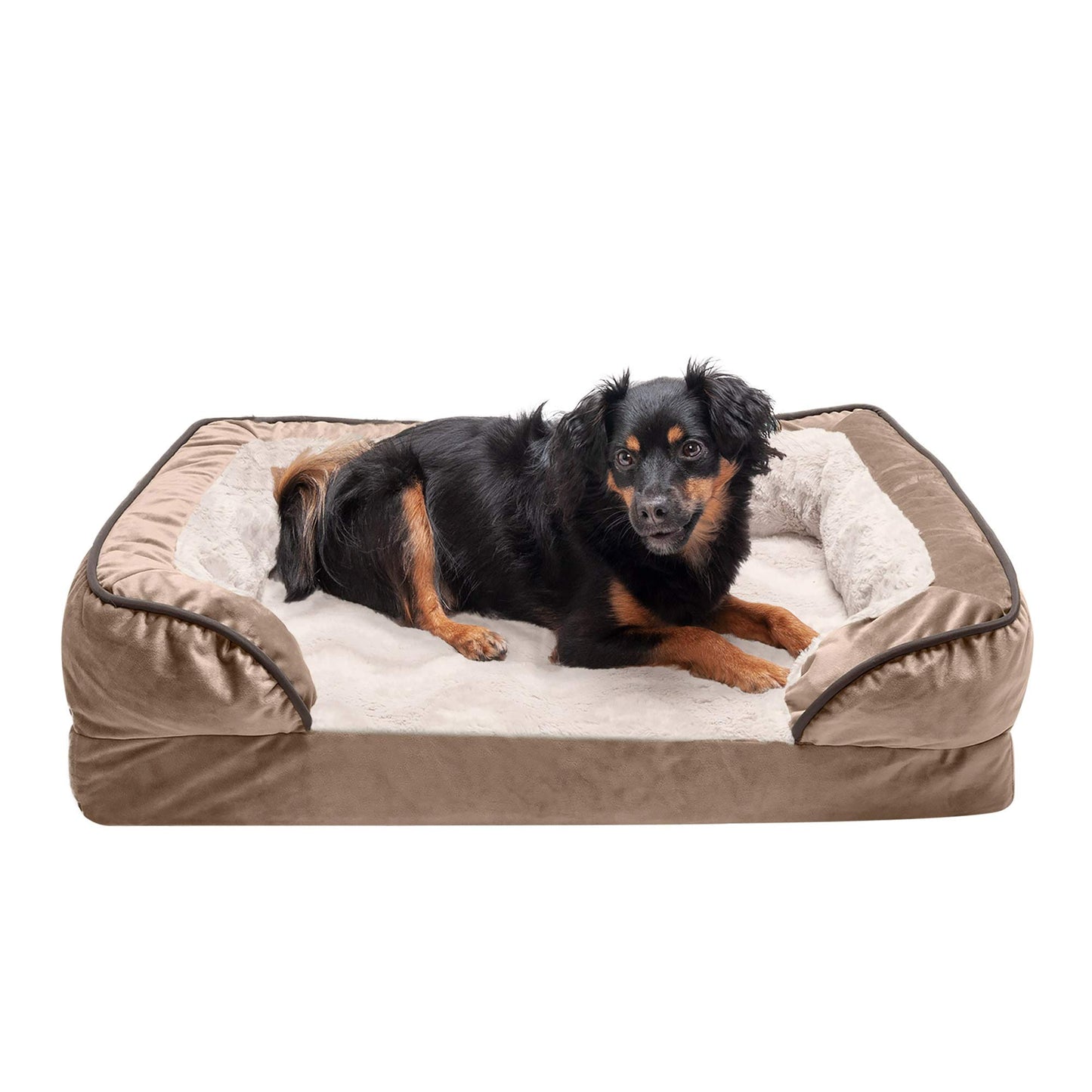 Furhaven Cooling Gel Dog Bed for Medium/Small Dogs w/Removable Bolsters & Washable Cover, for Dogs Up to 35 lbs - Plush & Velvet Waves Perfect Comfort Sofa - Brownstone, Medium
