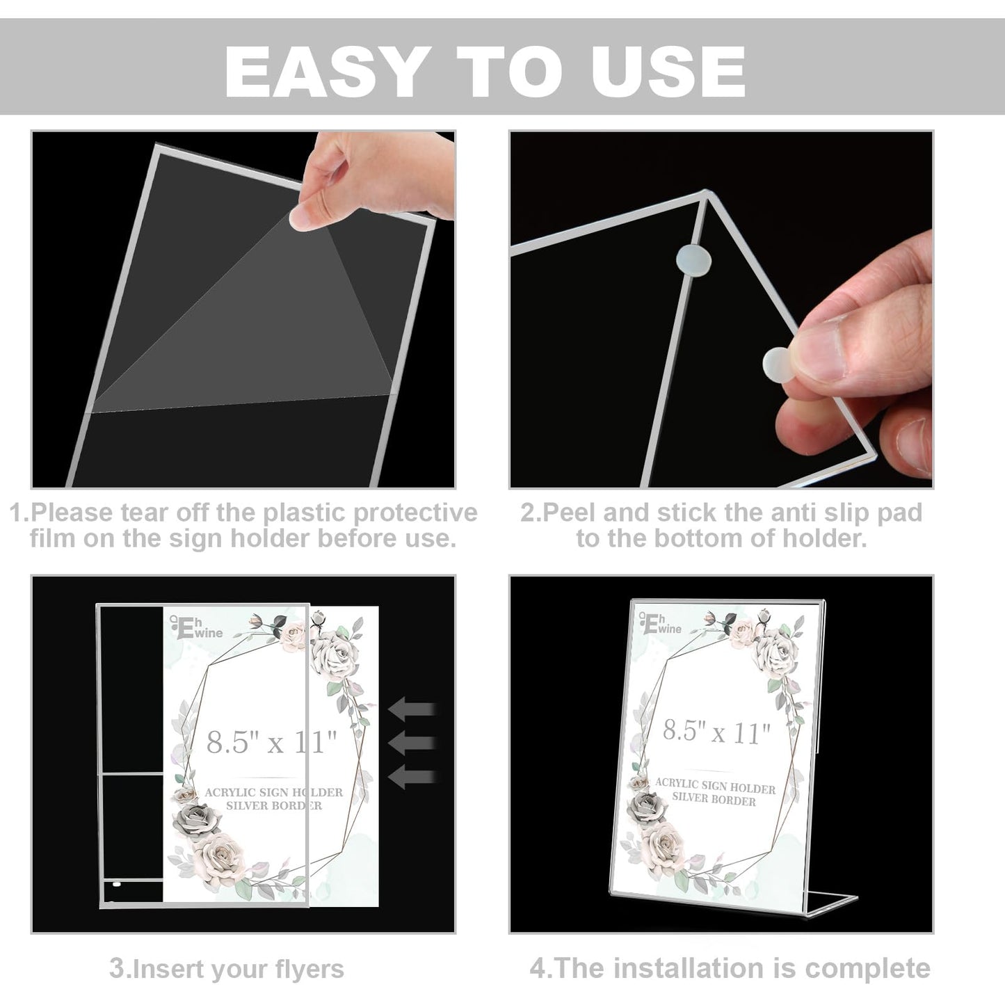 EHWINE 12 Pack Acrylic Sign Holder 8.5 x 11, Silver Picture Frame Stand up Table Top Sign Holders, Slanted Back Paper Holder Clear Display Stand Menu Flyer Holder for Wedding Party