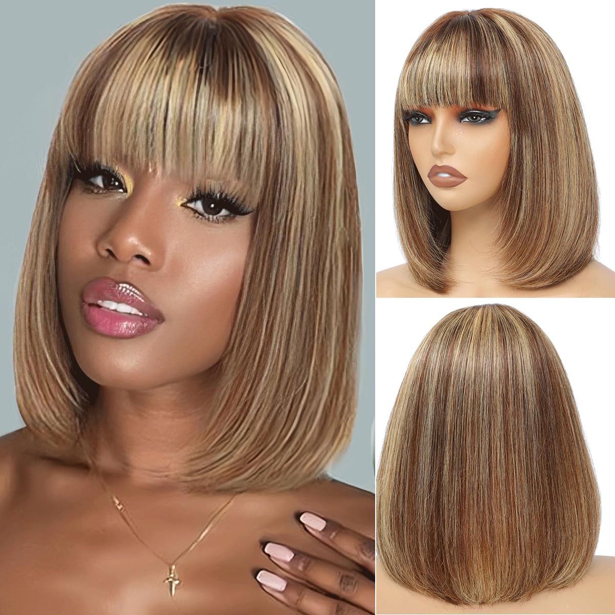 Bob Wig With Bangs Human Hair P4/27 Straight Wig Human Hair Short Human Hair Glueless Wear Wig Ombre Blonde Highlight Short Bob Wigs for Black Women 2.5X1 inch Bob Wig Human Hair 8Inch Short Bob