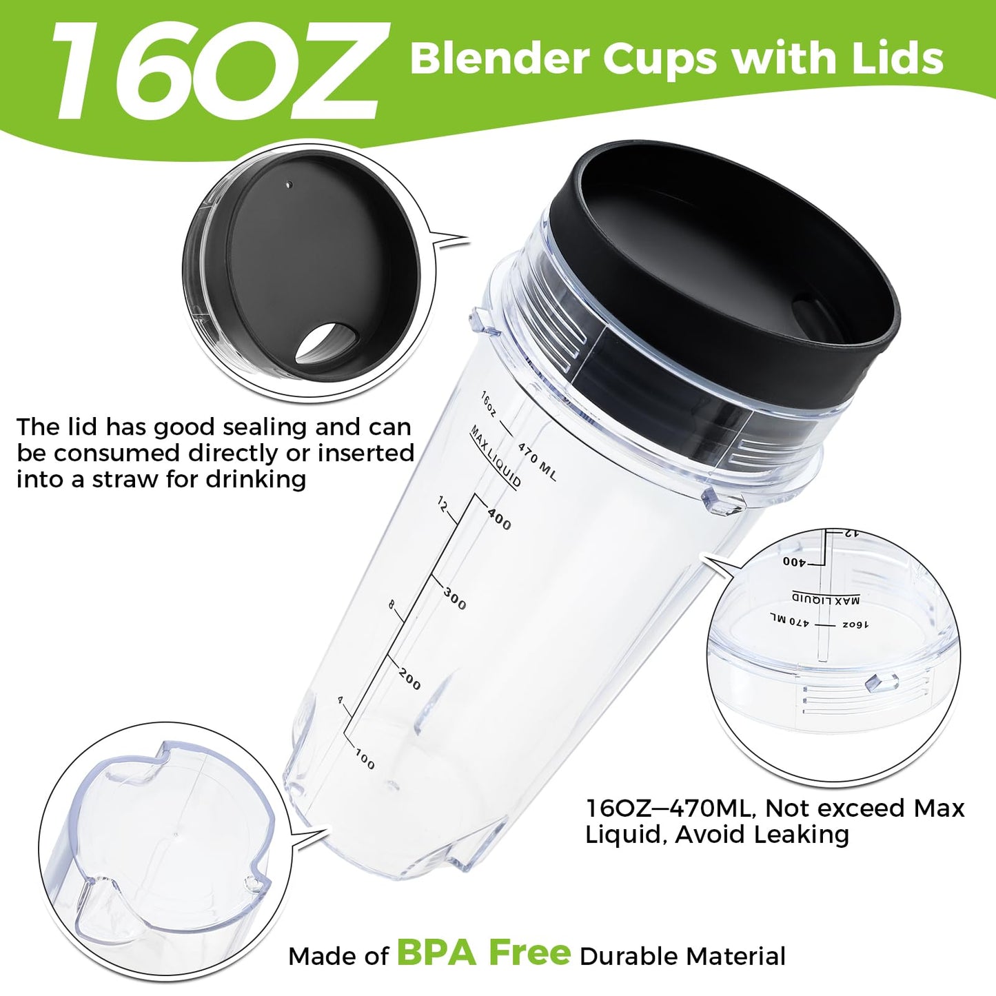Replacement for Ninja Blender Single Serve 16oz Cups Scale with with Sip Seal Lids, 6 Fins Extractor Blade Compatible with Nurti Ninja Blenders BL660 BL663 BL663CO BL665Q BL740 BL770 (Pack of 5)