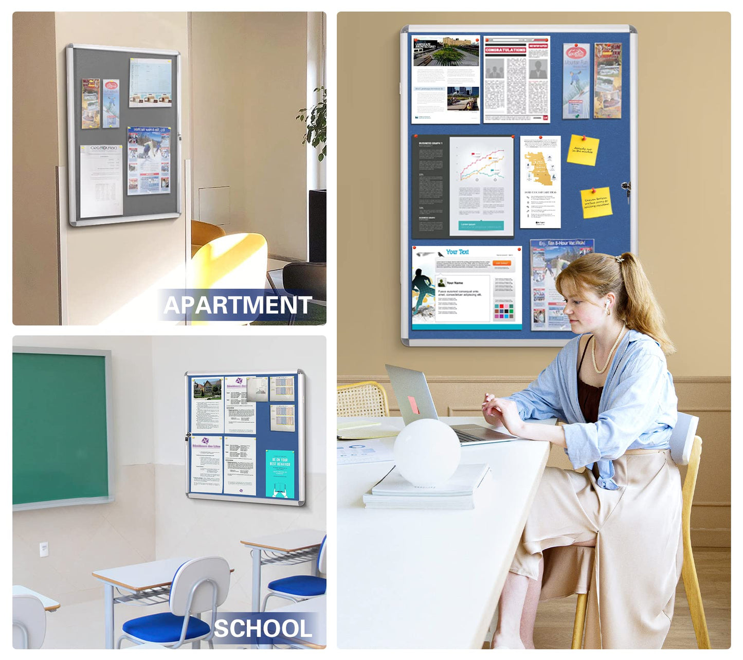 SWANCROWN Enclosed Bulletin Board Lockable Noticeboard Case with Aluminium Frame,Grey Felt, 20x14inch (2xA4)