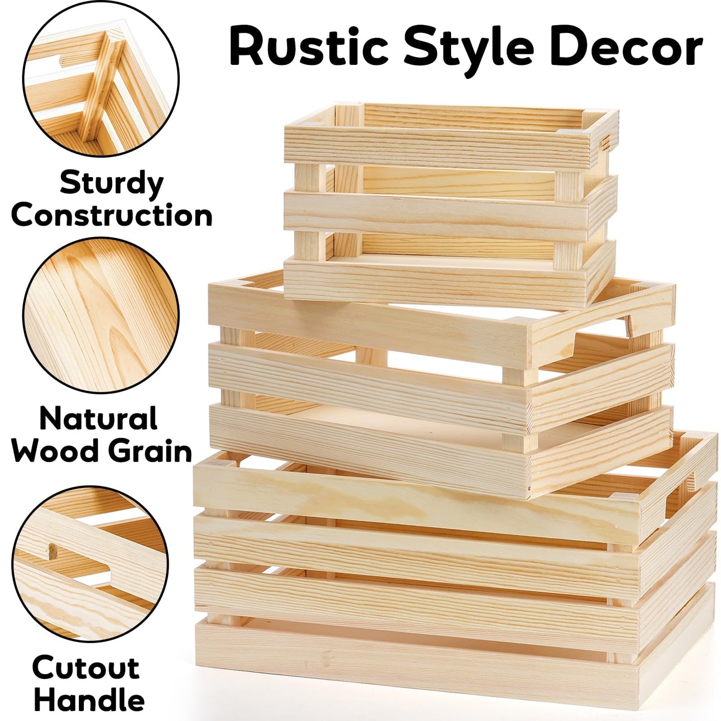 YOUEON Set of 3 Rustic Wooden Nesting Crates with Handles, Decorative Wooden Crates, Crate Box Wooden Storage Box for Kitchen, Office, Bedroom, Closet, Rustic Country Decor