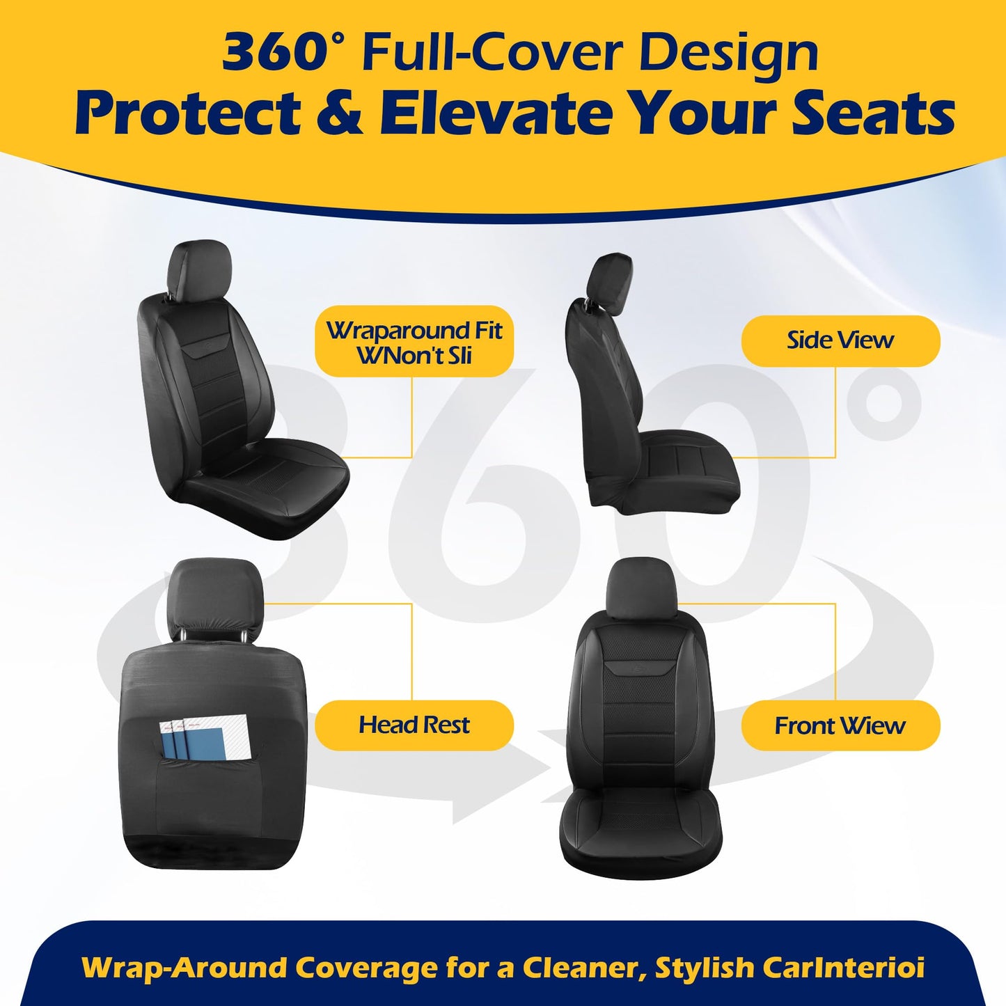 kingphenix 2 Pack Front Memory Foam Leather Car Seat Covers, Breathable 4D Mesh, Easy Install Automotive Seat Protectors, Airbag Compatible, Universal Fit for Cars, Trucks, Vans, SUV - Black